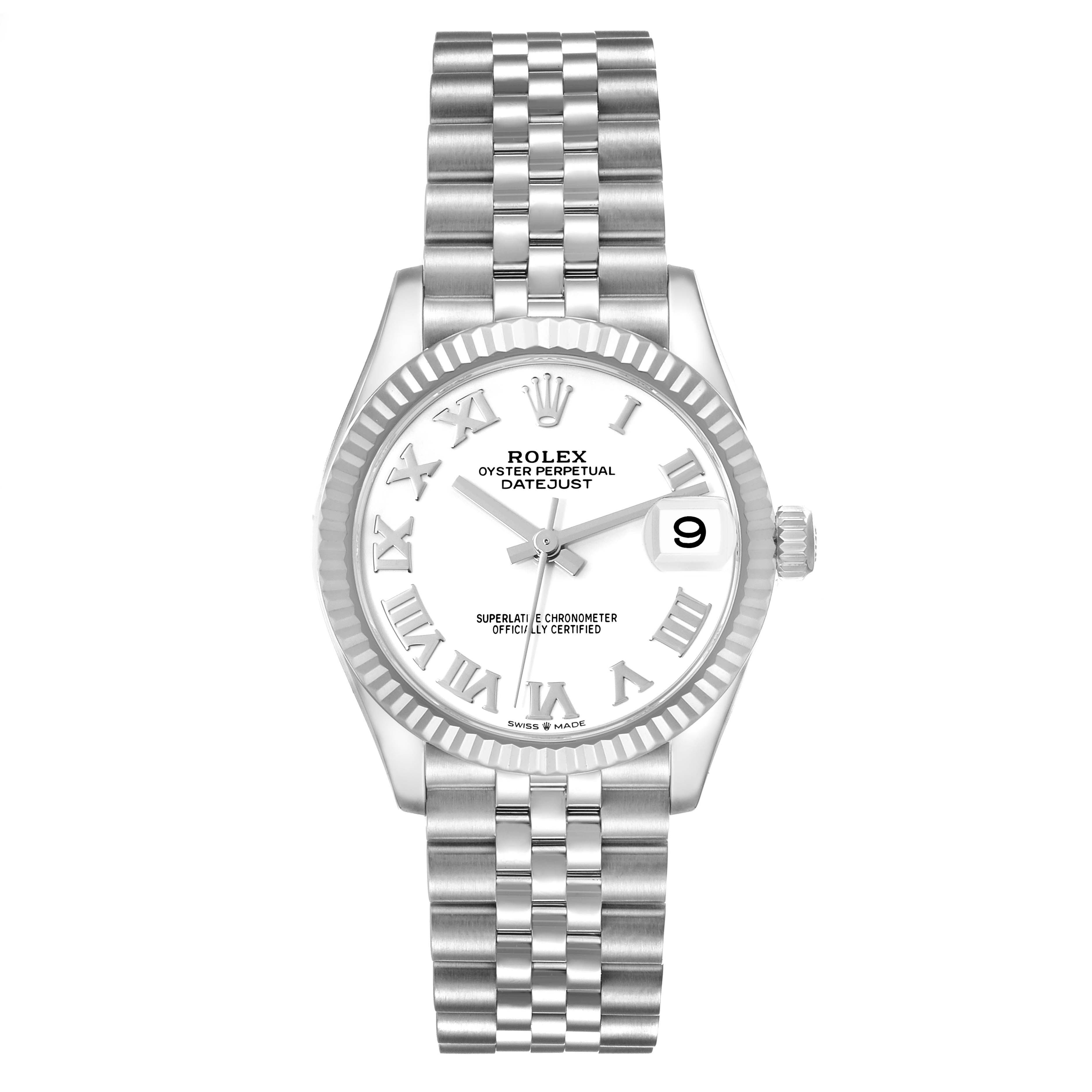 The image shows a front view of a Rolex Oyster Perpetual Datejust Mid-Size model watch displaying the face and bracelet.
