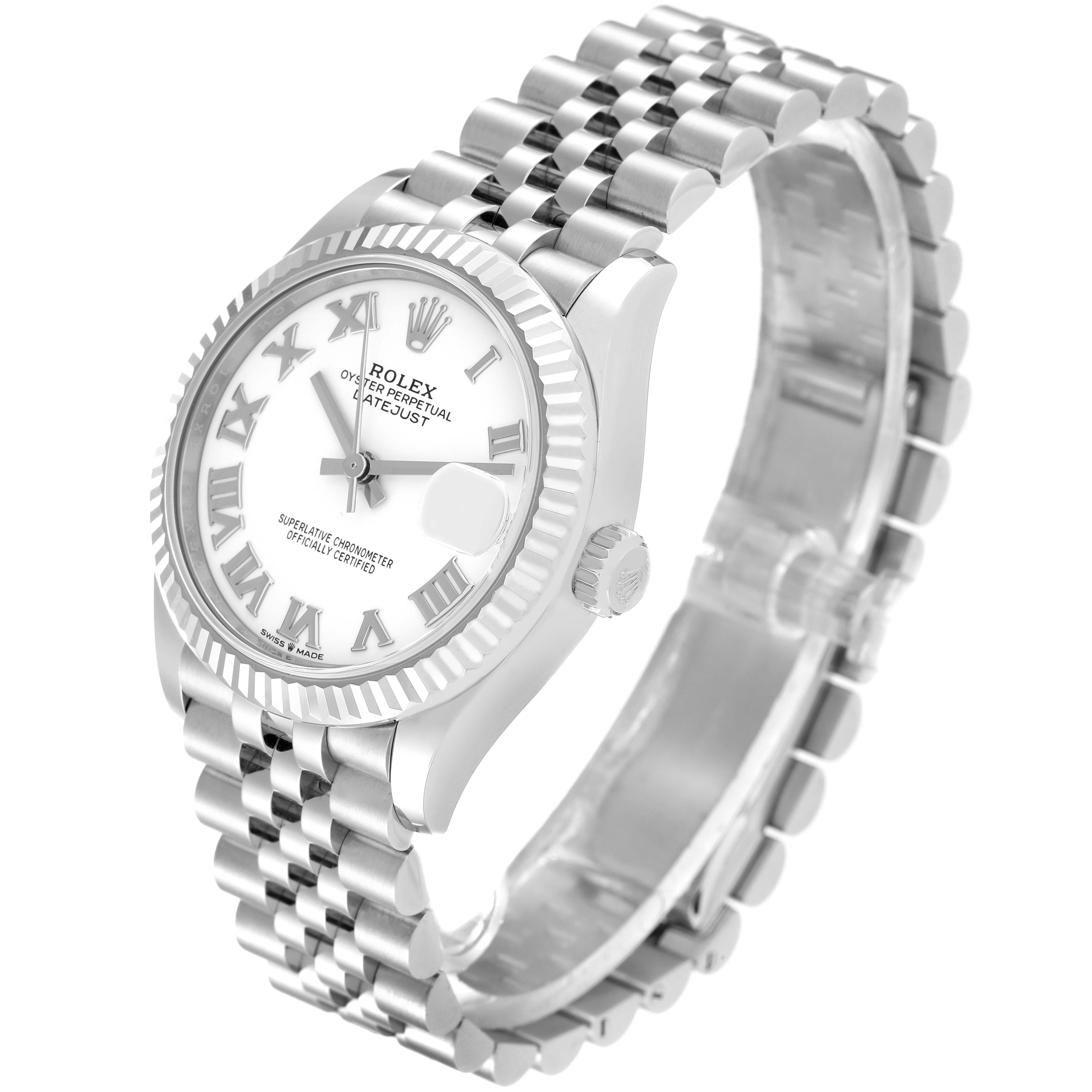 The image shows a Rolex Mid-Size 278274 Women
s Stainless Steel White Dial 278274 Women
s Stainless Steel White Dial Datejust watch at a slight angle, highlighting the face, bezel, crown, and bracelet.