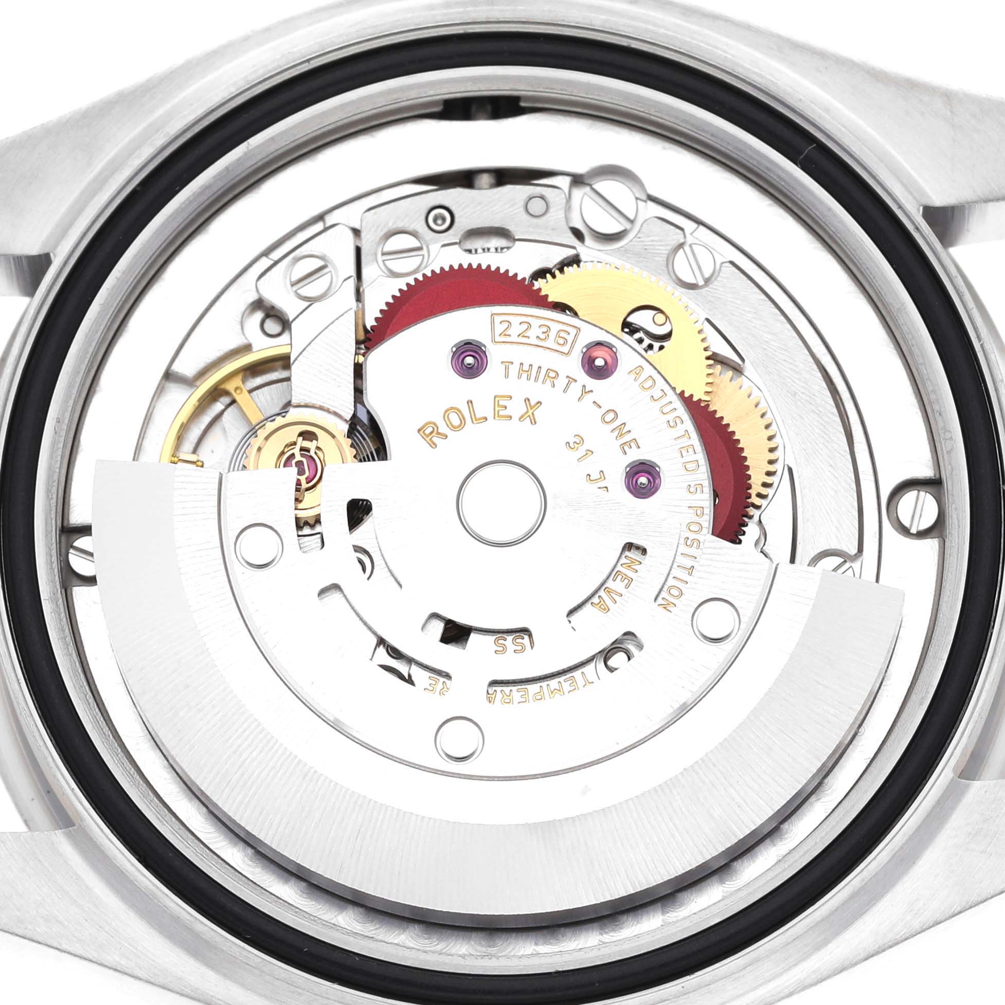 The image shows the inner mechanical movement of a Rolex Mid-Size 278274 Women
s Stainless Steel White Dial 278274 Women
s Stainless Steel White Dial watch from a top-down angle.