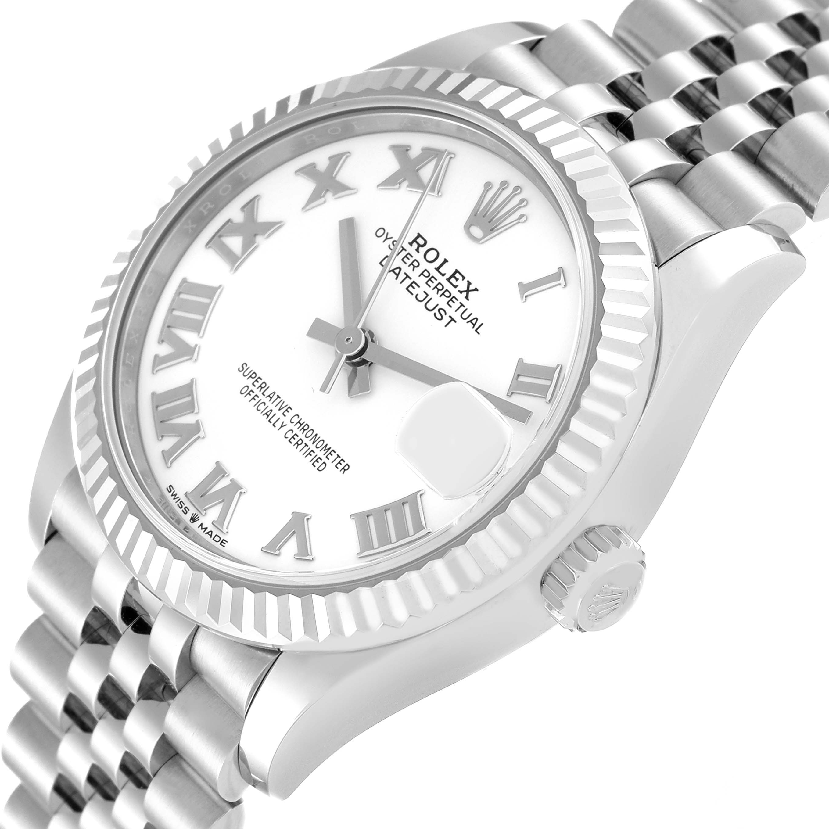 The image shows a close-up angled view of a Mid-Size Rolex Datejust watch, highlighting its dial, bezel, and part of the bracelet.