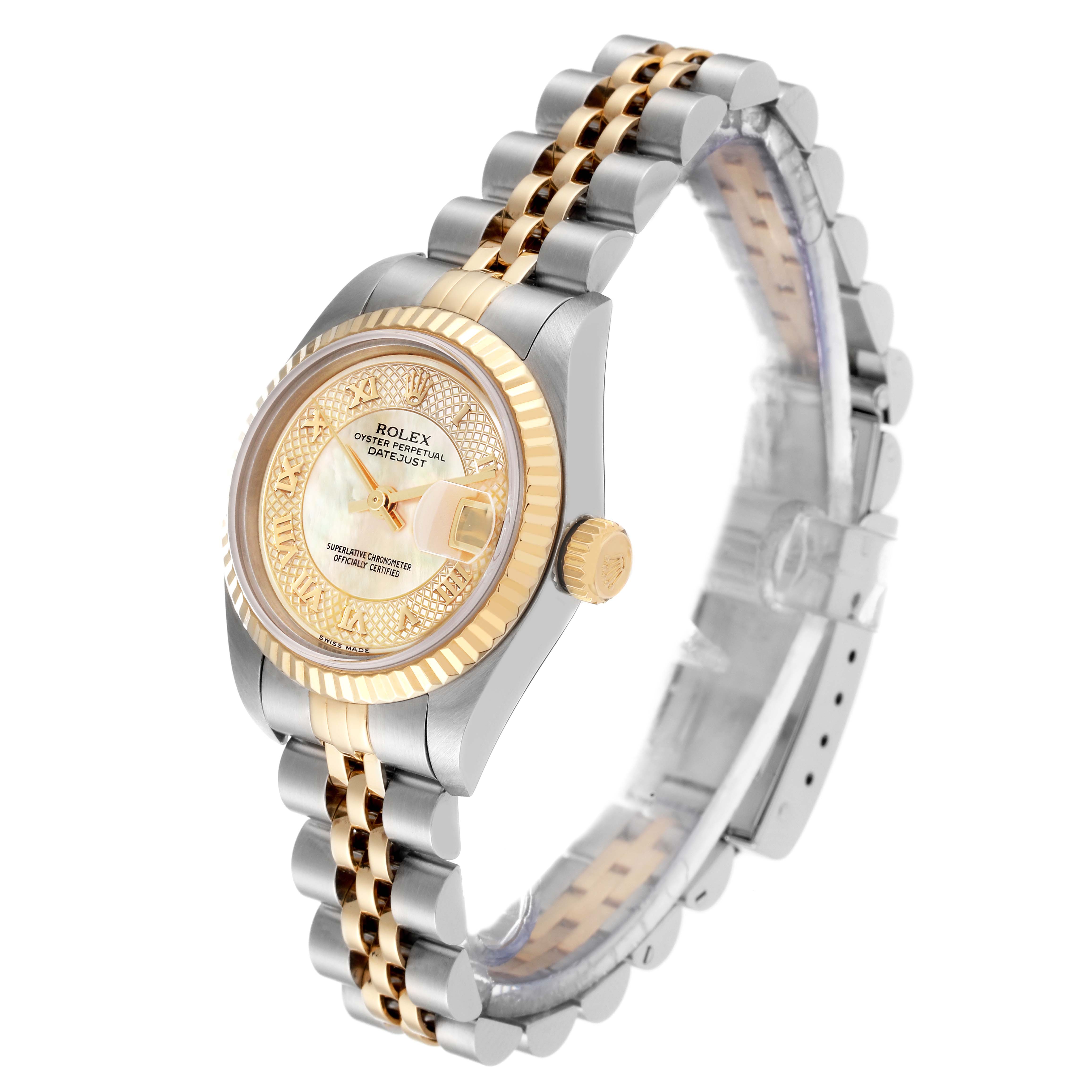 The Rolex Datejust 79173 Women's Steel and Gold (two tone) Mother of Pearl Dial 79173 Women's Steel and Gold (two tone) Mother of Pearl Dial watch is shown at a slight angle, displaying its face, bezel, crown, and Jubilee bracelet.