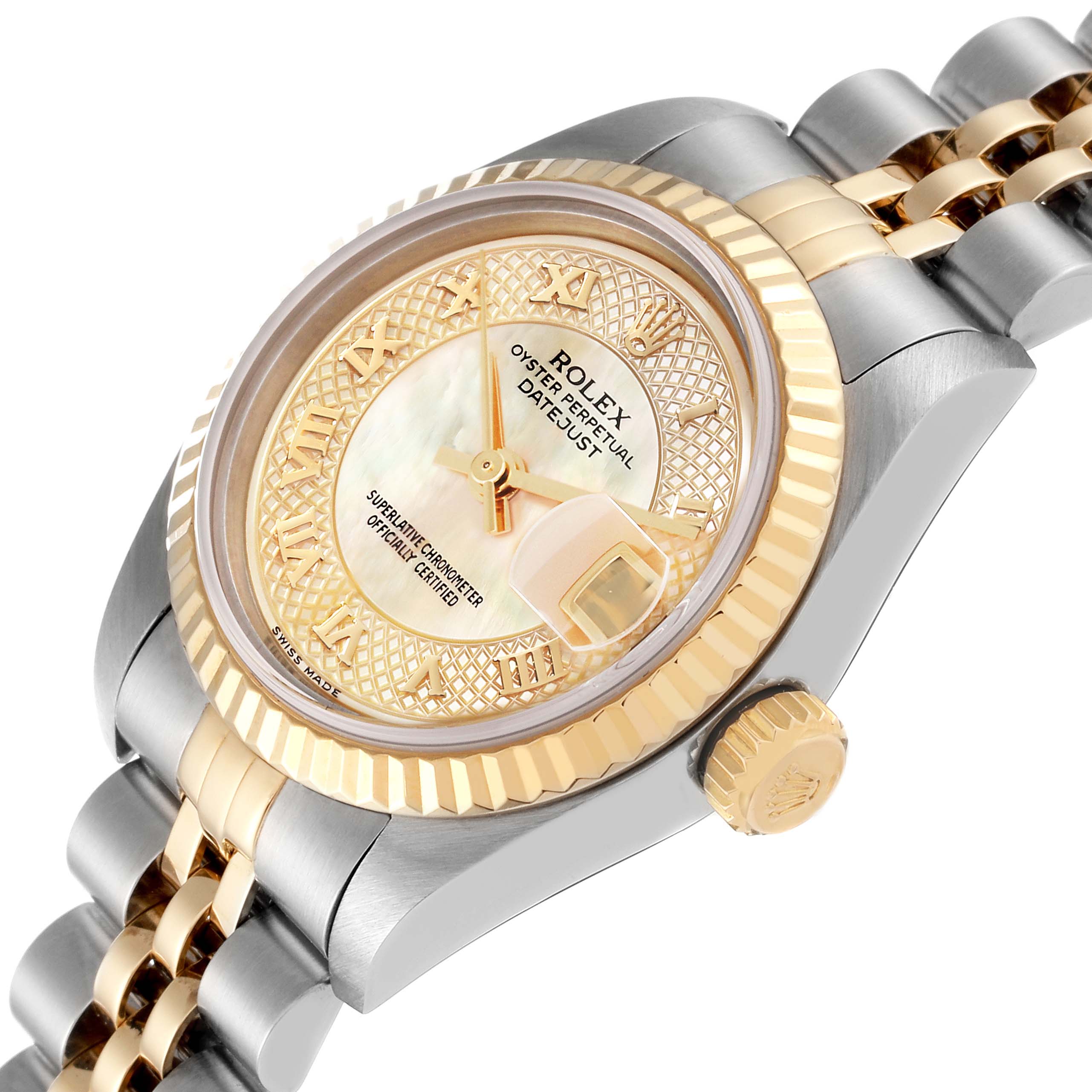 This image shows a close-up, angled view of the Rolex Datejust 79173 Women's Steel and Gold (two tone) Mother of Pearl Dial 79173 Women's Steel and Gold (two tone) Mother of Pearl Dial watch, highlighting the bezel, crown, and bracelet.