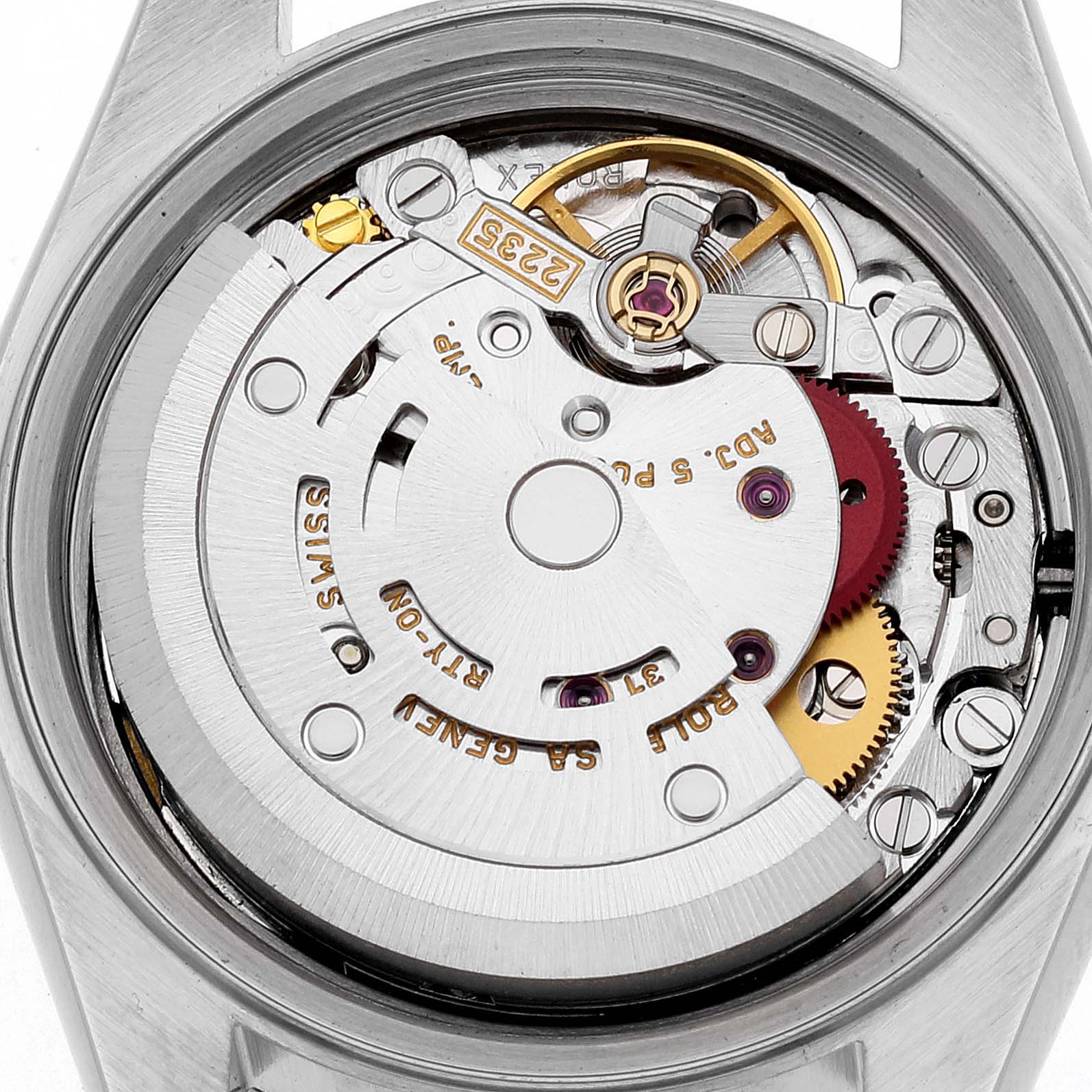 The image shows an overhead view of the movement mechanism inside a Rolex Datejust 79173 Women's Steel and Gold (two tone) Mother of Pearl Dial 79173 Women's Steel and Gold (two tone) Mother of Pearl Dial watch.