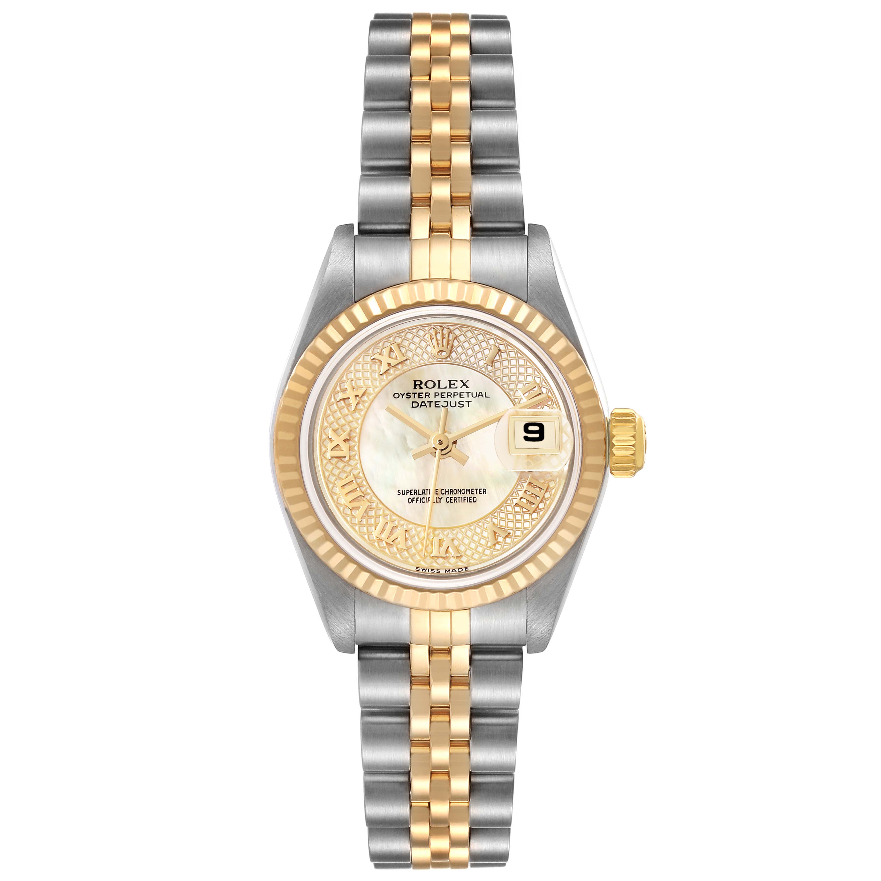 This image shows a Rolex Datejust 79173 Women's Steel and Gold (two tone) Mother of Pearl Dial 79173 Women's Steel and Gold (two tone) Mother of Pearl Dial watch from a top-down angle, featuring its dial, case, bezel, bracelet, and crown.