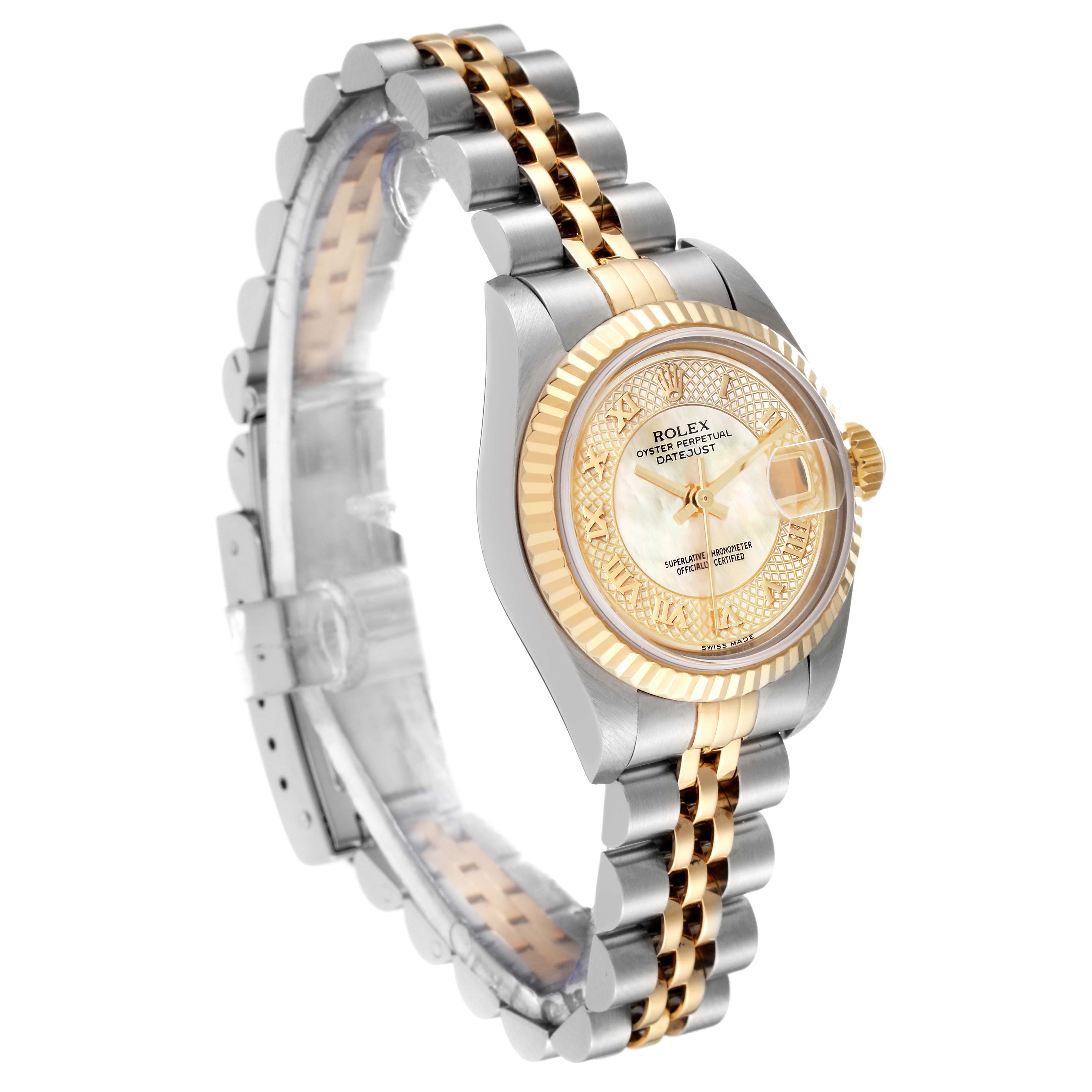 This image shows a Rolex Datejust 79173 Women's Steel and Gold (two tone) Mother of Pearl Dial 79173 Women's Steel and Gold (two tone) Mother of Pearl Dial watch at an angle highlighting its dial, fluted bezel, and Jubilee bracelet.