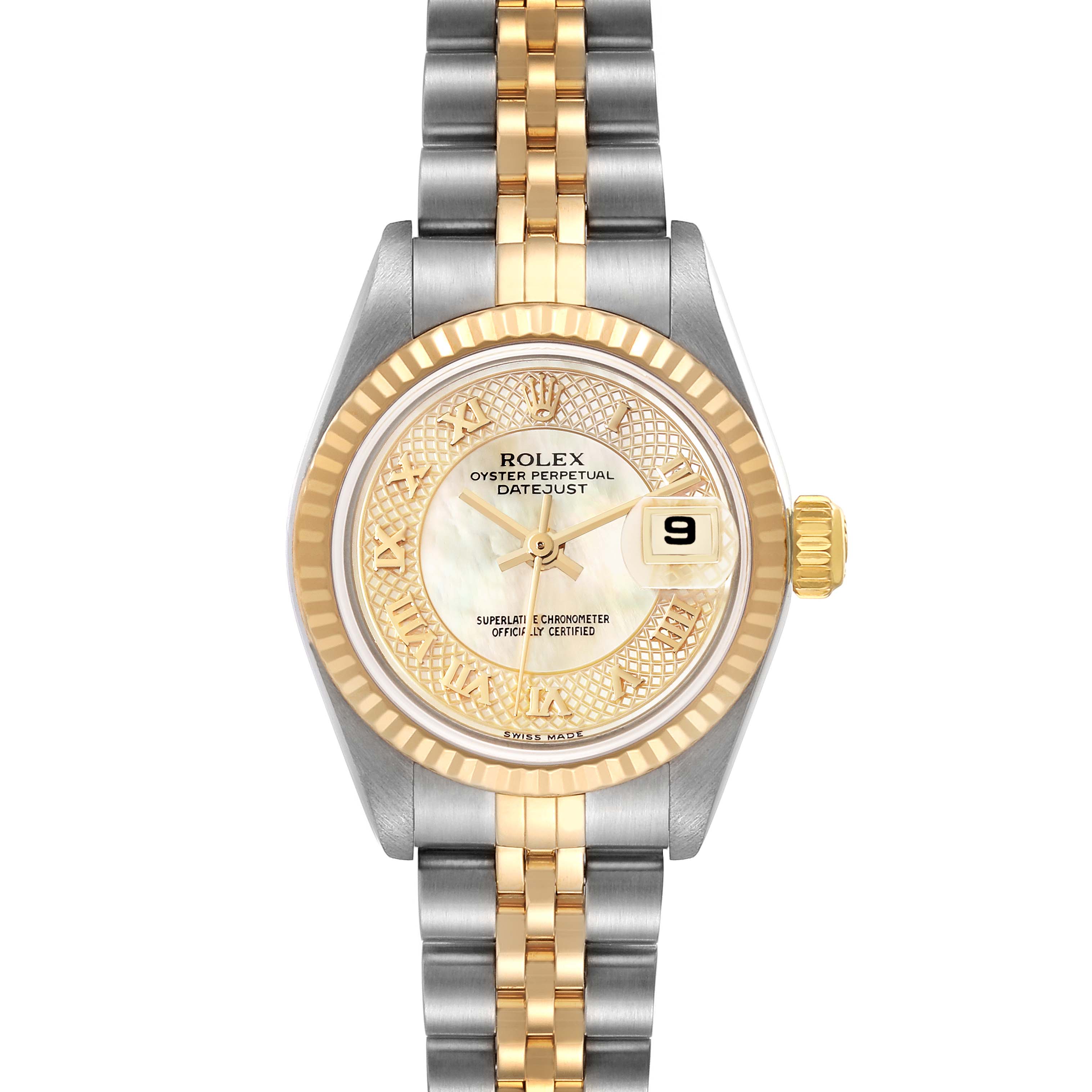 This is a full frontal view of the Rolex Datejust 79173 Women's Steel and Gold (two tone) Mother of Pearl Dial 79173 Women's Steel and Gold (two tone) Mother of Pearl Dial watch, showing the face, bezel, and the two-tone bracelet.
