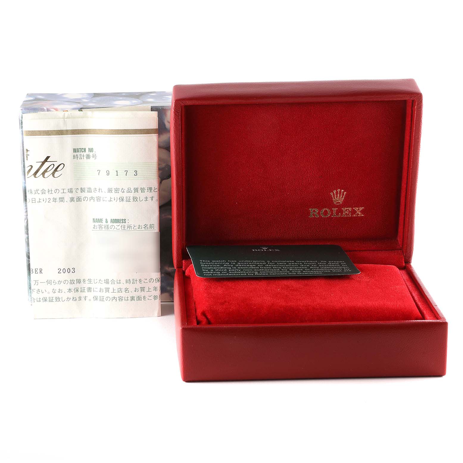 The image shows a red Rolex Datejust 79173 Women's Steel and Gold (two tone) Mother of Pearl Dial 79173 Women's Steel and Gold (two tone) Mother of Pearl Dial watch box with warranty paperwork and a warranty card.