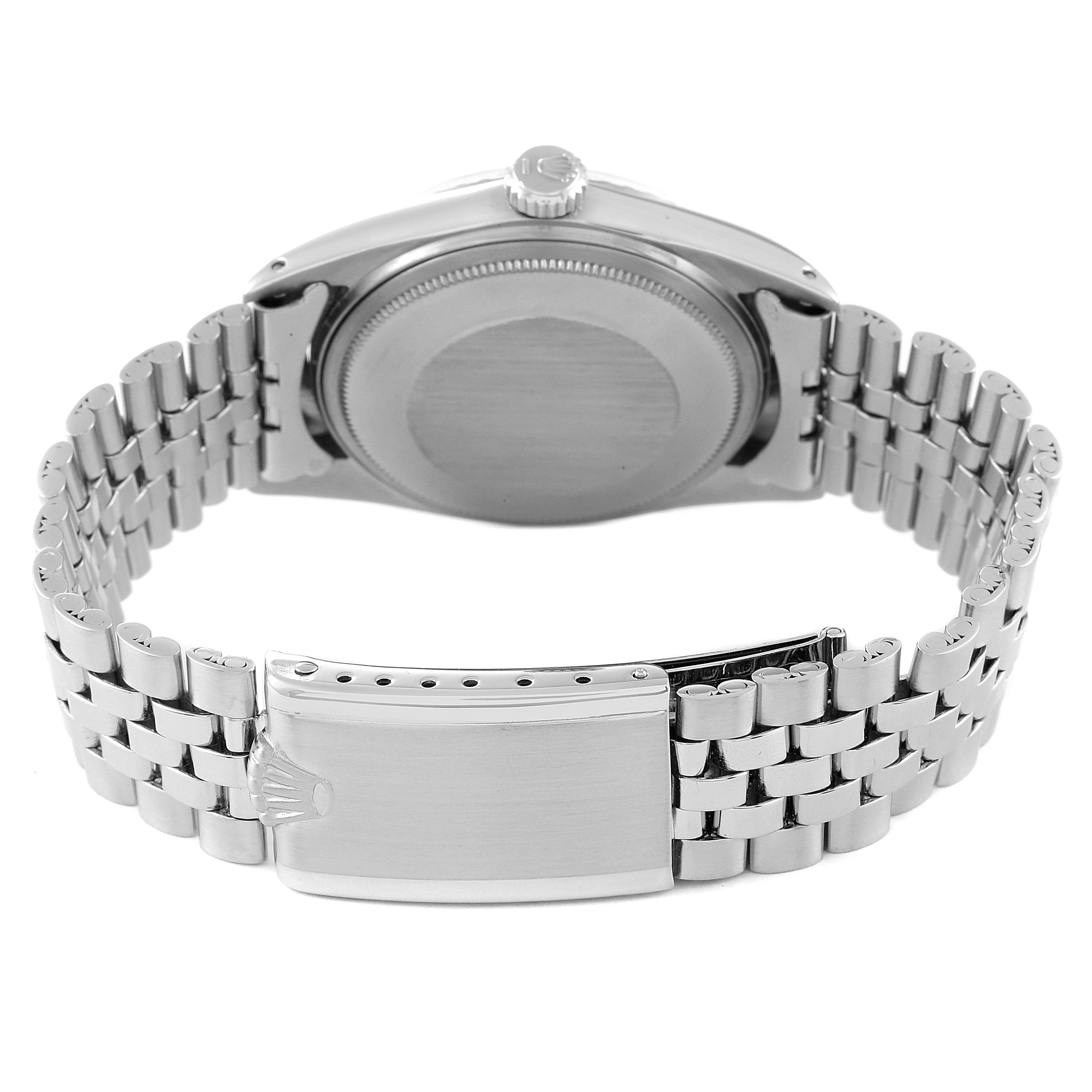 This image shows the back and clasp of a Rolex Vintage Collection 1603 Men
s Stainless Steel Silver Dial 1603 Men
s Stainless Steel Silver Dial watch, highlighting its Jubilee bracelet.