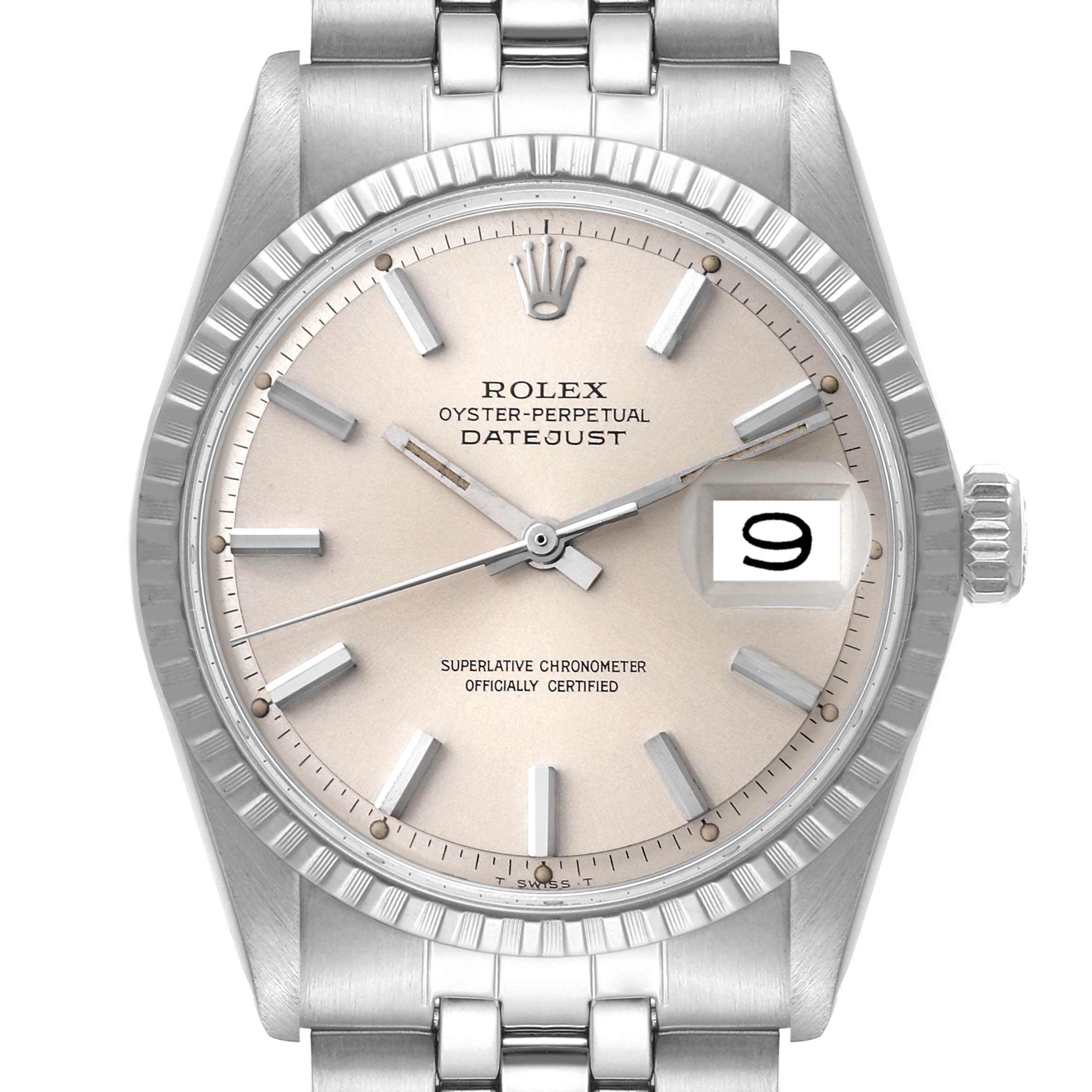 This is a front view of the Rolex Vintage Collection 1603 Men
s Stainless Steel Silver Dial 1603 Men
s Stainless Steel Silver Dial Datejust watch, showing the dial, hands, date window, and bezel.