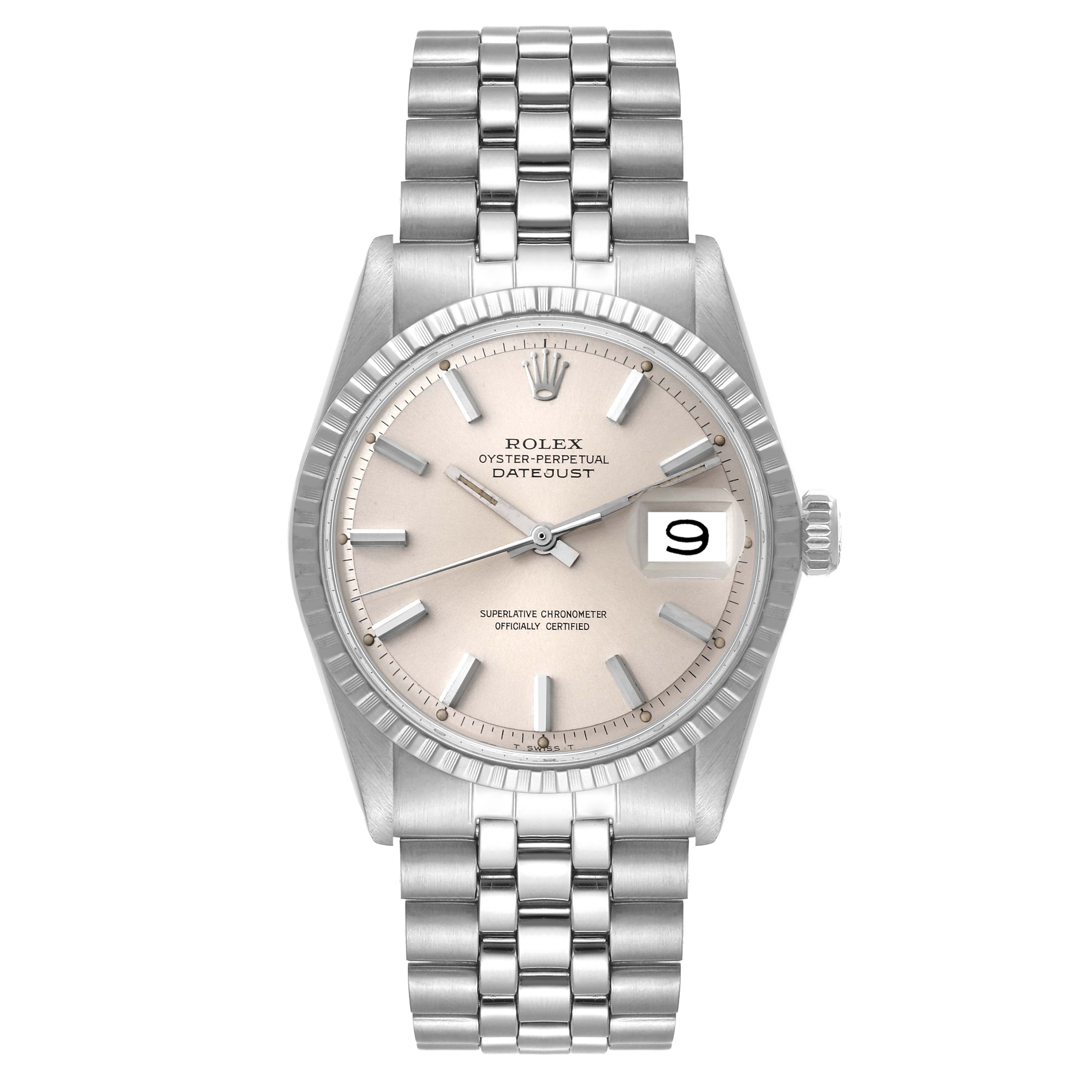 The image shows a front view of a Rolex Vintage Collection 1603 Men
s Stainless Steel Silver Dial 1603 Men
s Stainless Steel Silver Dial Datejust watch with its face, bezel, and bracelet visible.