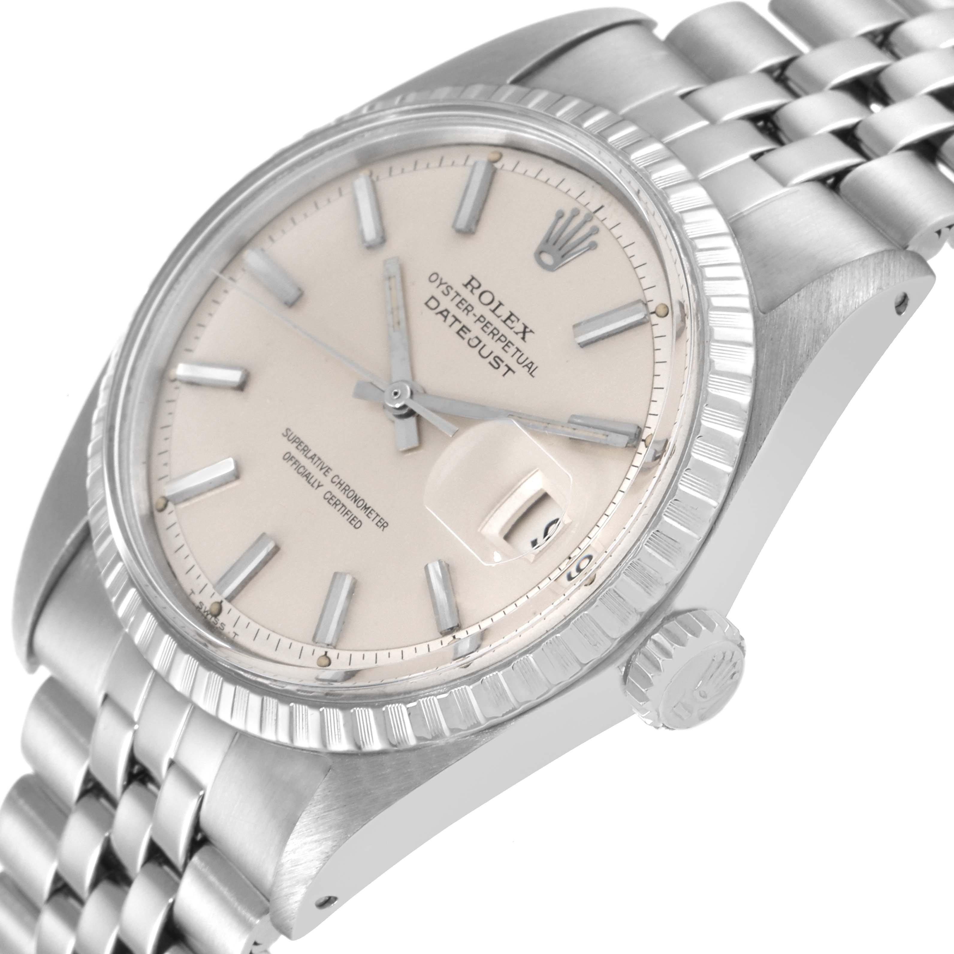 The image shows a side-angle view of the Rolex Vintage Collection 1603 Men
s Stainless Steel Silver Dial 1603 Men
s Stainless Steel Silver Dial Datejust, highlighting its face, bezel, crown, and part of the bracelet.