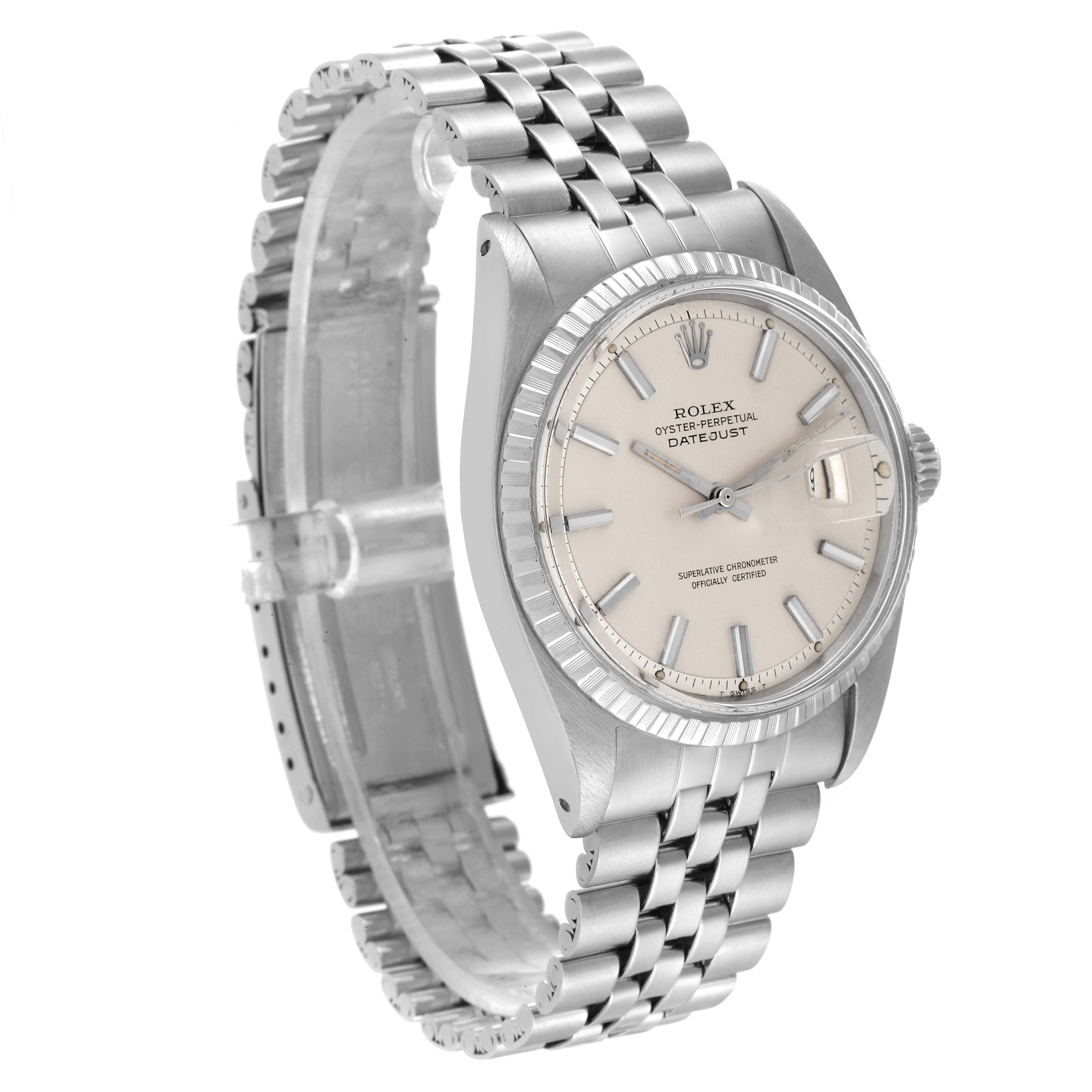 This image shows a Rolex Vintage Collection 1603 Men
s Stainless Steel Silver Dial 1603 Men
s Stainless Steel Silver Dial watch angled to display the dial, case, and partially open band.