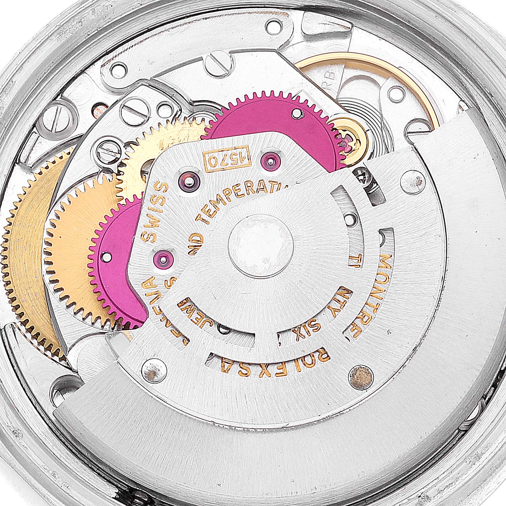 The image shows the intricate internal mechanism of the Rolex Vintage Collection 1603 Men
s Stainless Steel Silver Dial 1603 Men
s Stainless Steel Silver Dial watch model from a top-down angle.