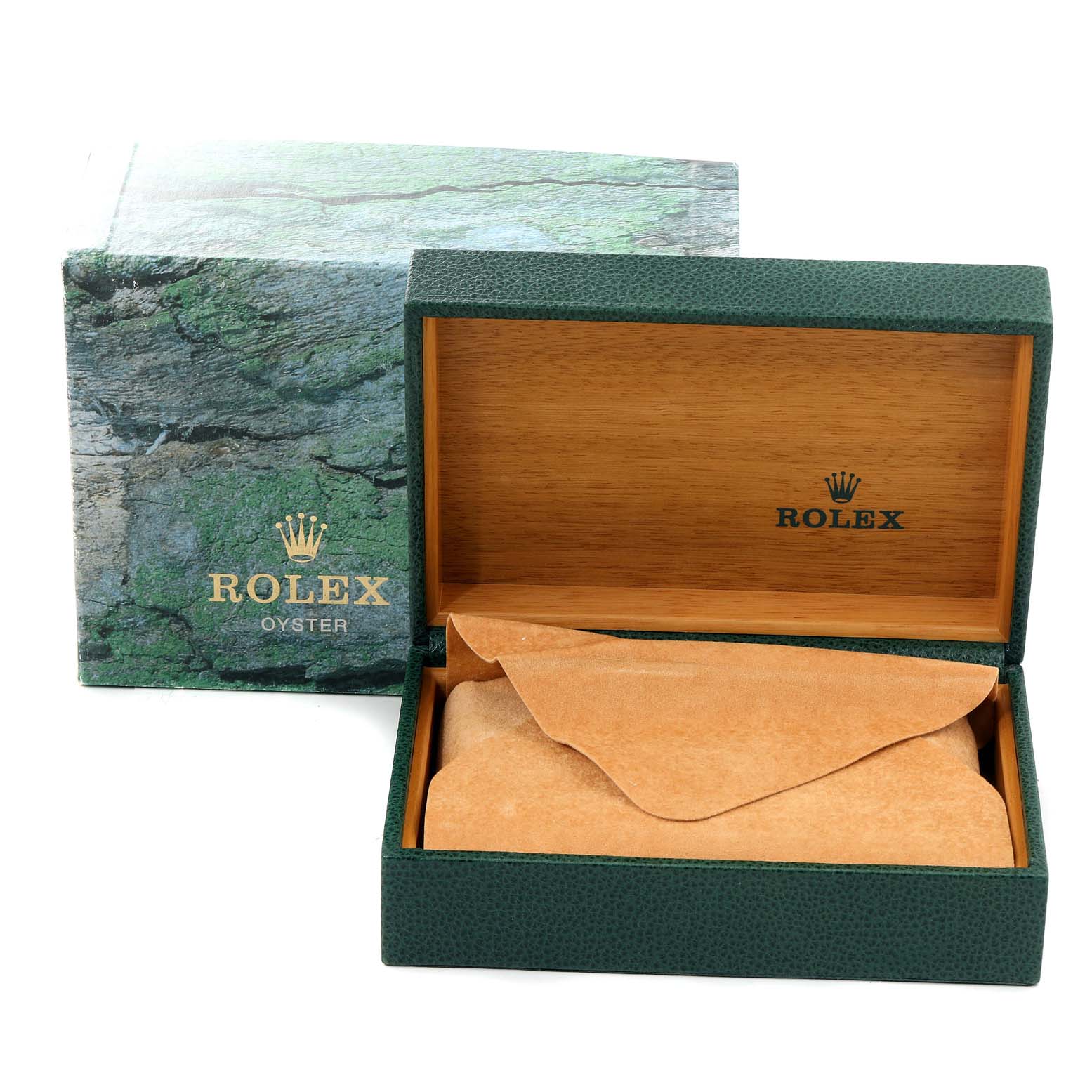 The image shows an open Rolex Datejust 16233 Men's Steel and Gold (two tone) Blue Dial 16233 Men's Steel and Gold (two tone) Blue Dial watch box, showcasing the interior lining and the Rolex logo.