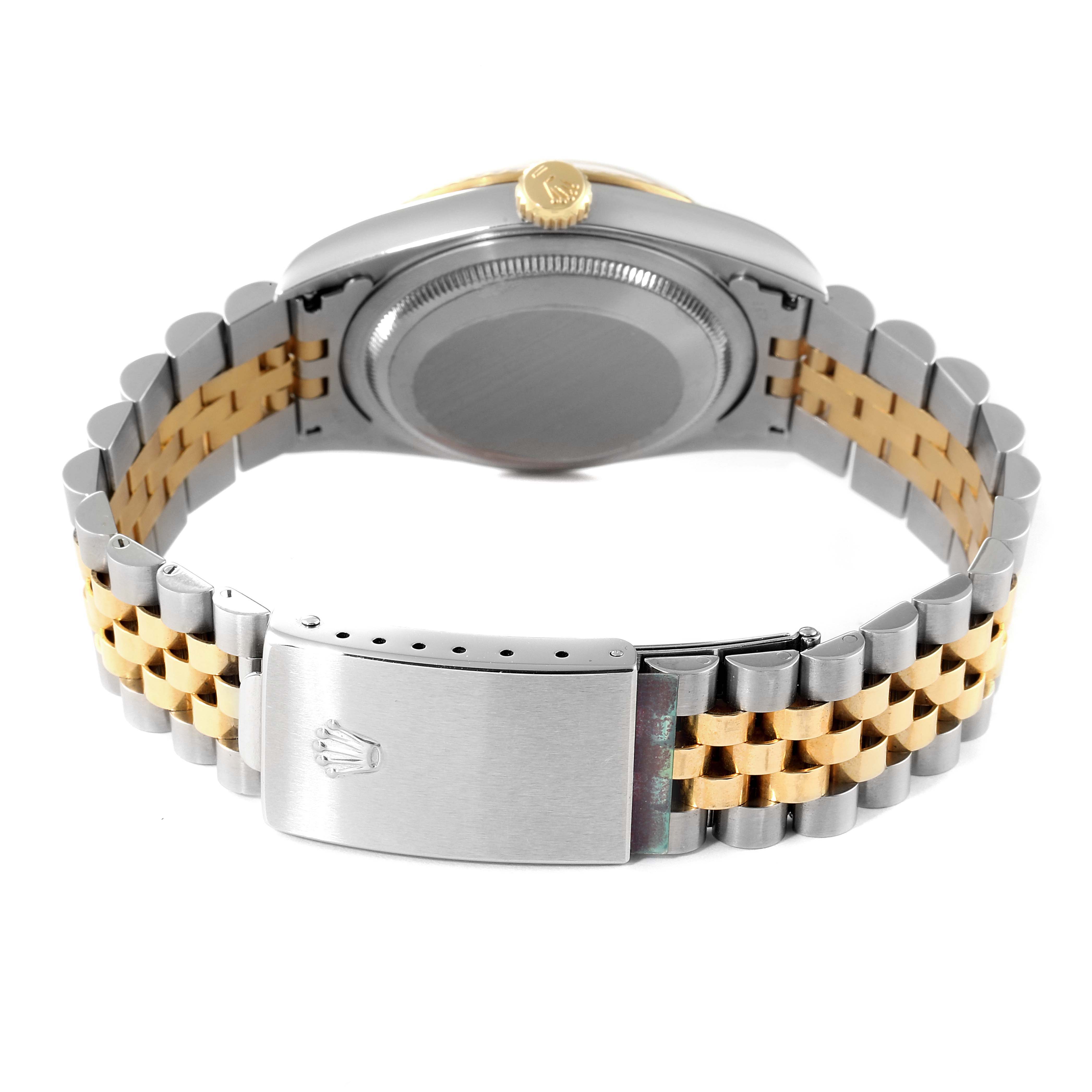 The image shows the back view of a Rolex Datejust 16233 Men's Steel and Gold (two tone) Blue Dial 16233 Men's Steel and Gold (two tone) Blue Dial watch, focusing on the clasp and bracelet.