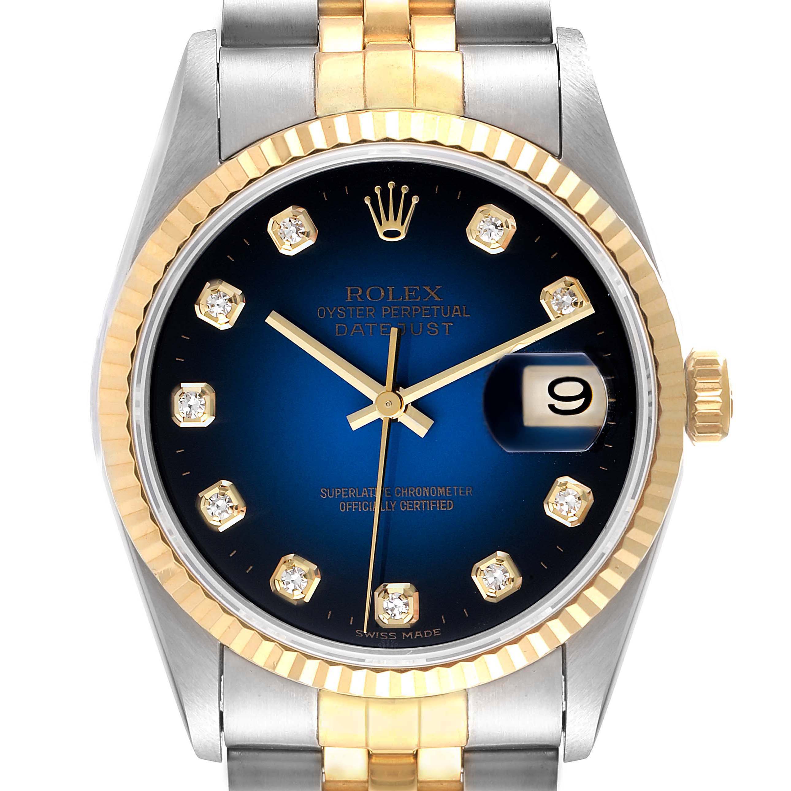 The image shows a frontal view of a Rolex Datejust 16233 Men's Steel and Gold (two tone) Blue Dial 16233 Men's Steel and Gold (two tone) Blue Dial watch with a blue dial, gold bezel, and a two-tone bracelet.