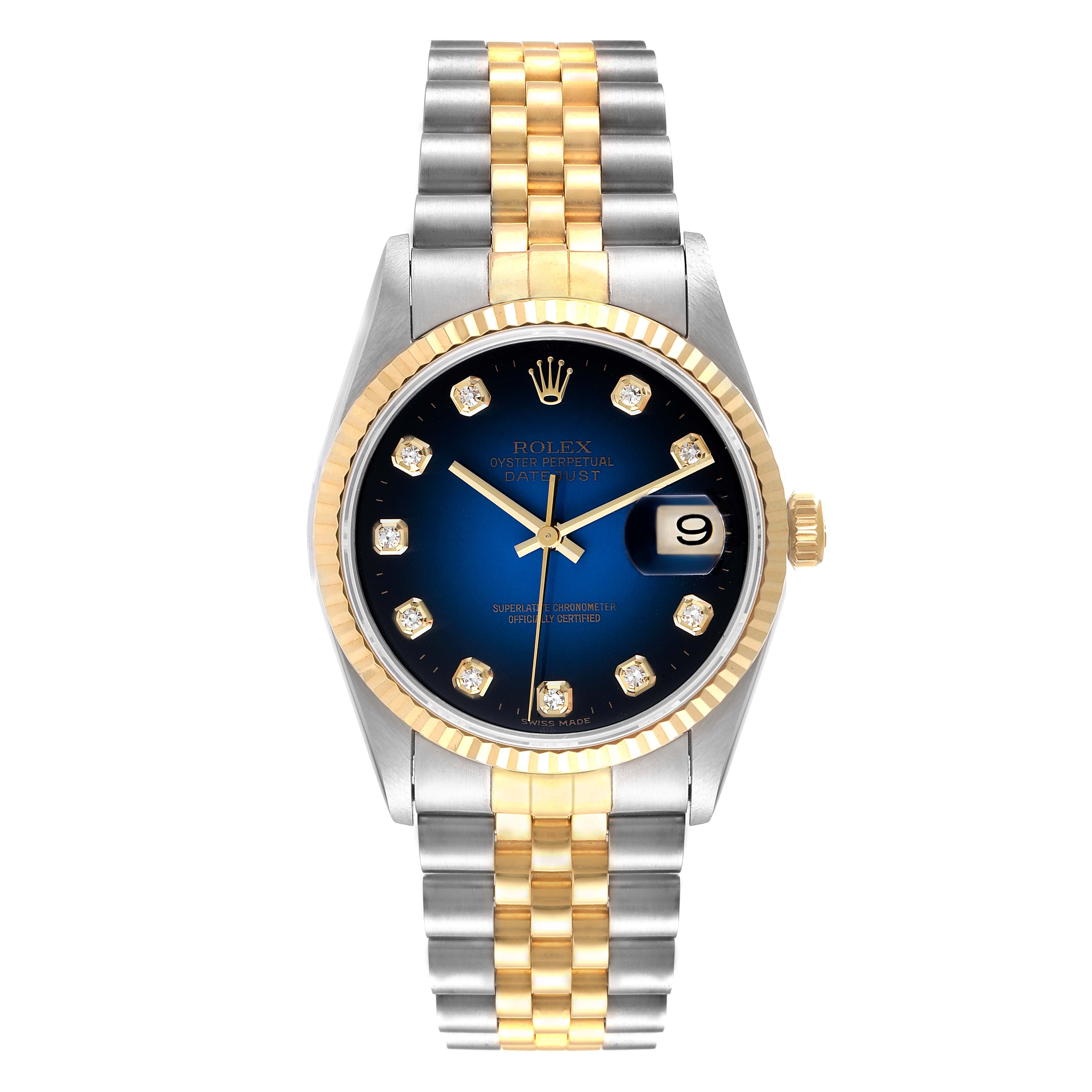The image shows a front view of a Rolex Datejust 16233 Men's Steel and Gold (two tone) Blue Dial 16233 Men's Steel and Gold (two tone) Blue Dial watch with a two-tone bracelet and a blue dial.