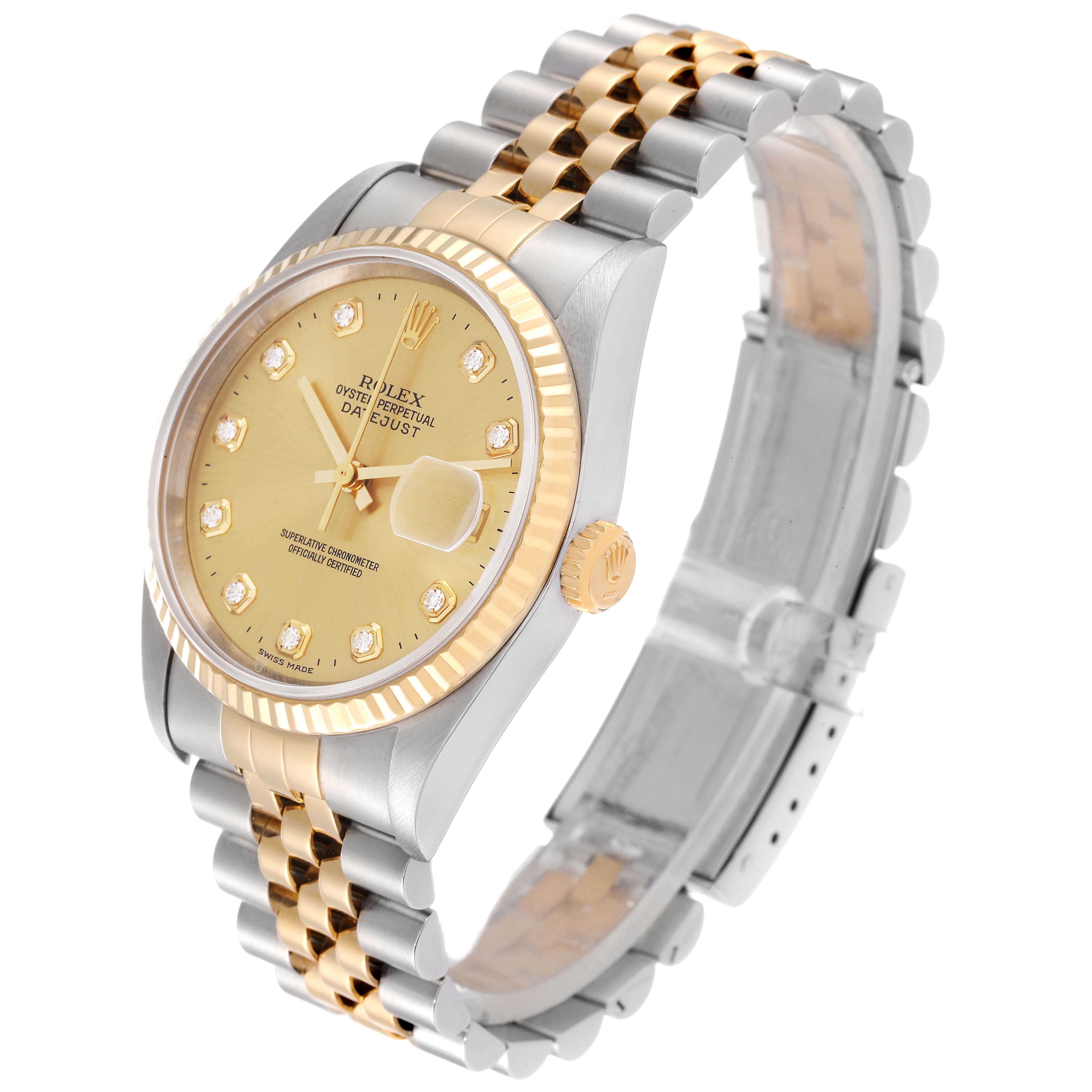 This image shows a Rolex Datejust 16233 Men's Steel and Gold (two tone) Champagne Dial 16233 Men's Steel and Gold (two tone) Champagne Dial watch at a three-quarters angle, displaying the face, bezel, case, and jubilee bracelet.