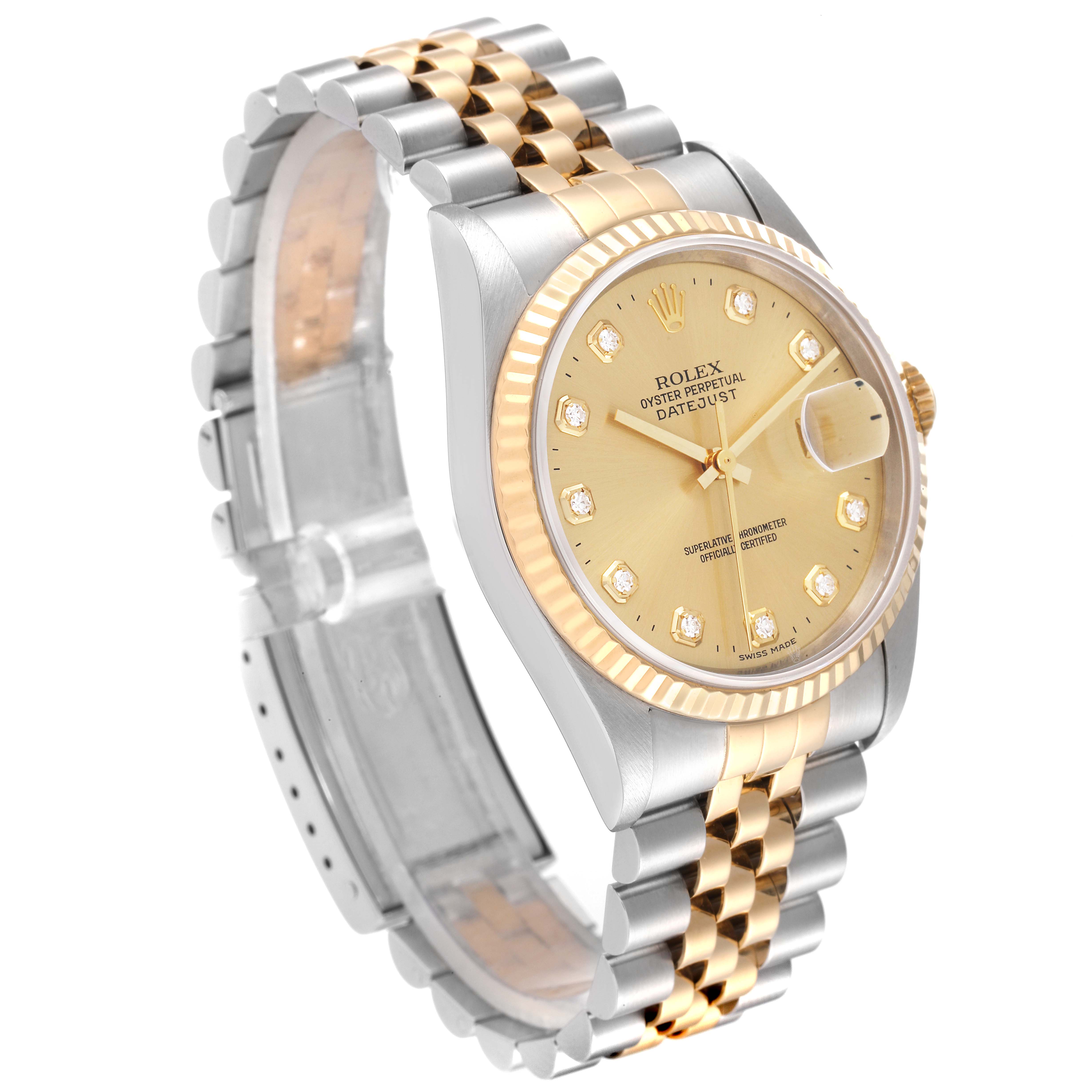 The Rolex Datejust 16233 Men's Steel and Gold (two tone) Champagne Dial 16233 Men's Steel and Gold (two tone) Champagne Dial watch is shown at a slight angle, highlighting its gold and silver bracelet, fluted bezel, and champagne dial.