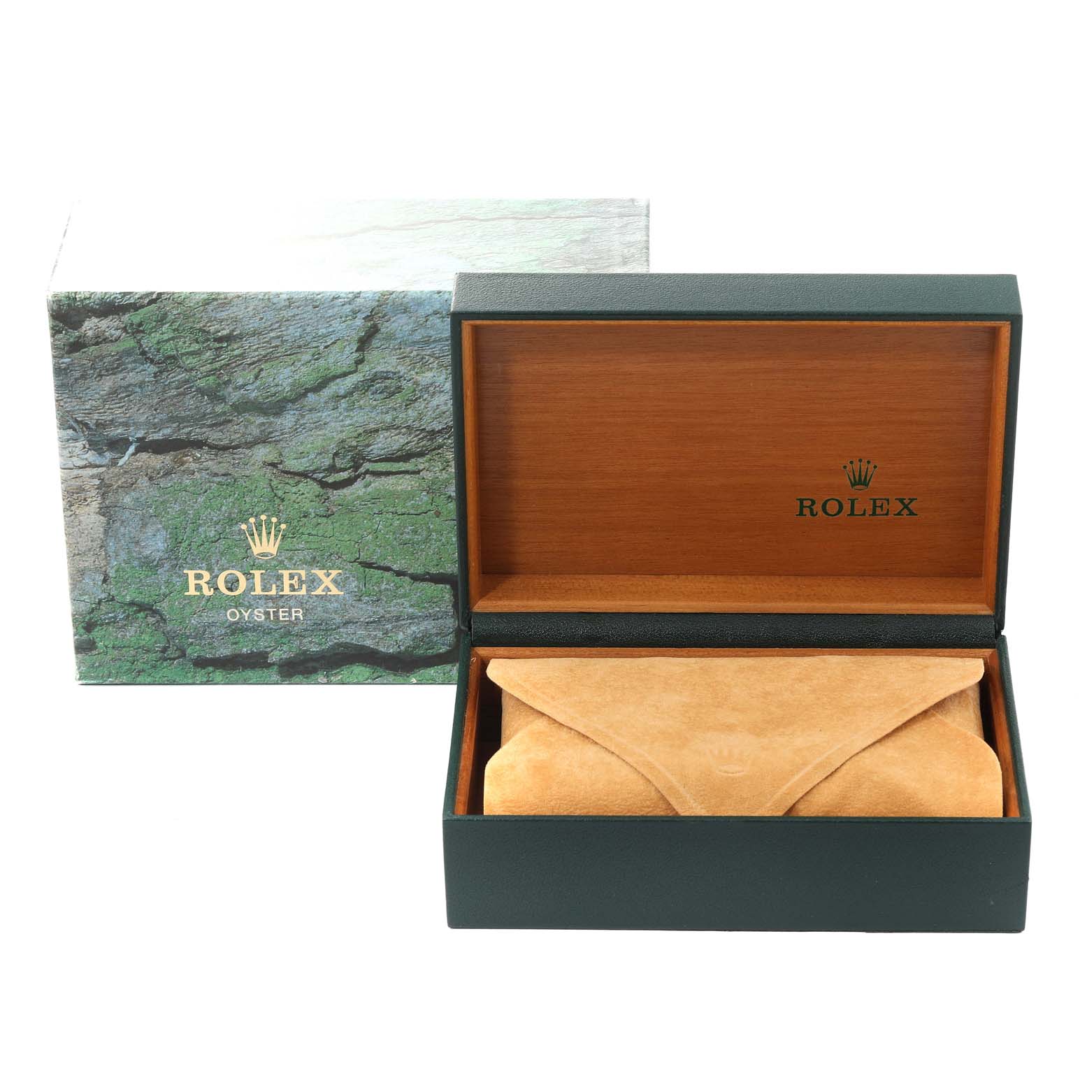 The image shows an open Rolex Datejust 16233 Men's Steel and Gold (two tone) Champagne Dial 16233 Men's Steel and Gold (two tone) Champagne Dial watch box and its protective pouch, with the outer box in the background.