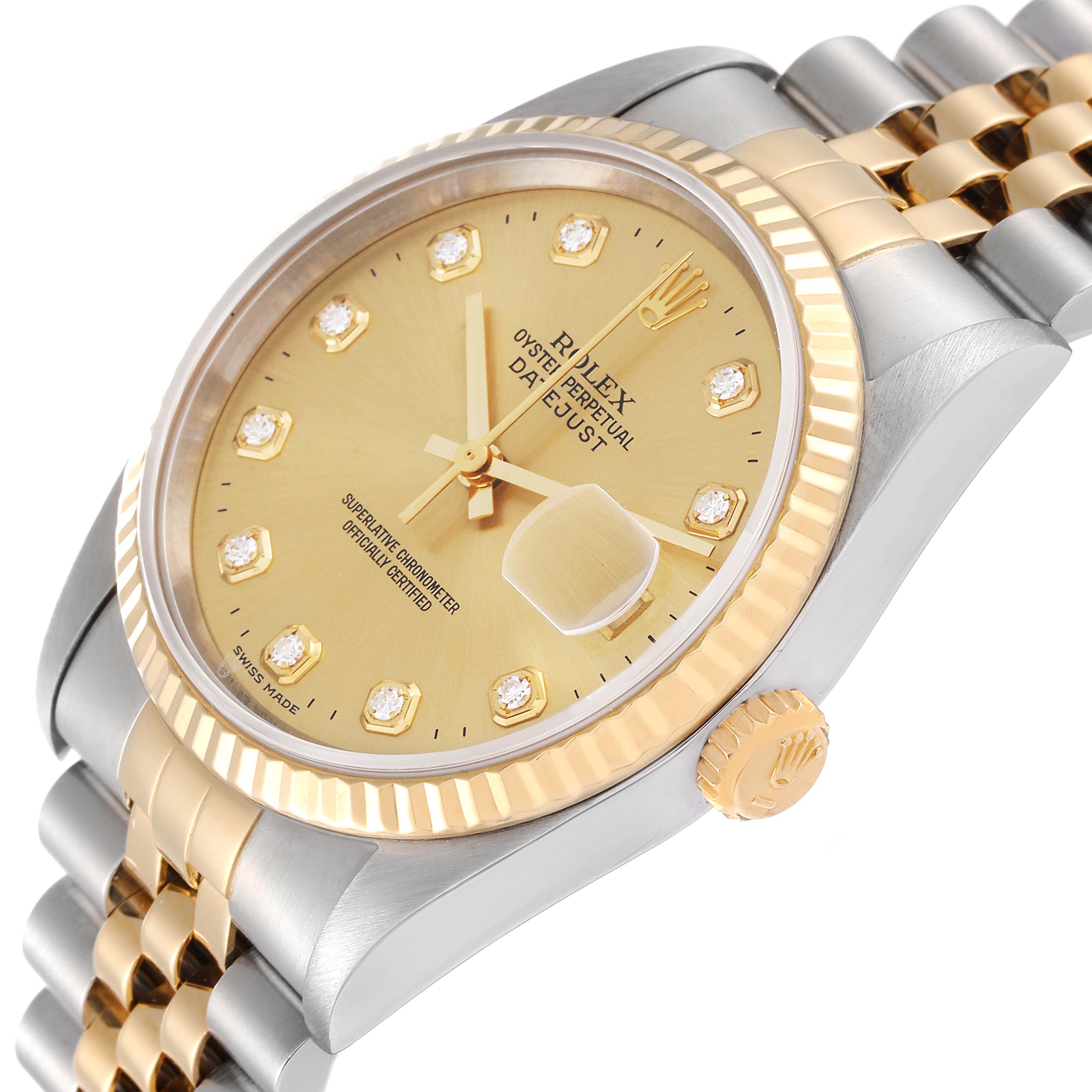 This image shows an angled view of a Rolex Datejust 16233 Men's Steel and Gold (two tone) Champagne Dial 16233 Men's Steel and Gold (two tone) Champagne Dial watch, highlighting the dial, bezel, crown, and bracelet.