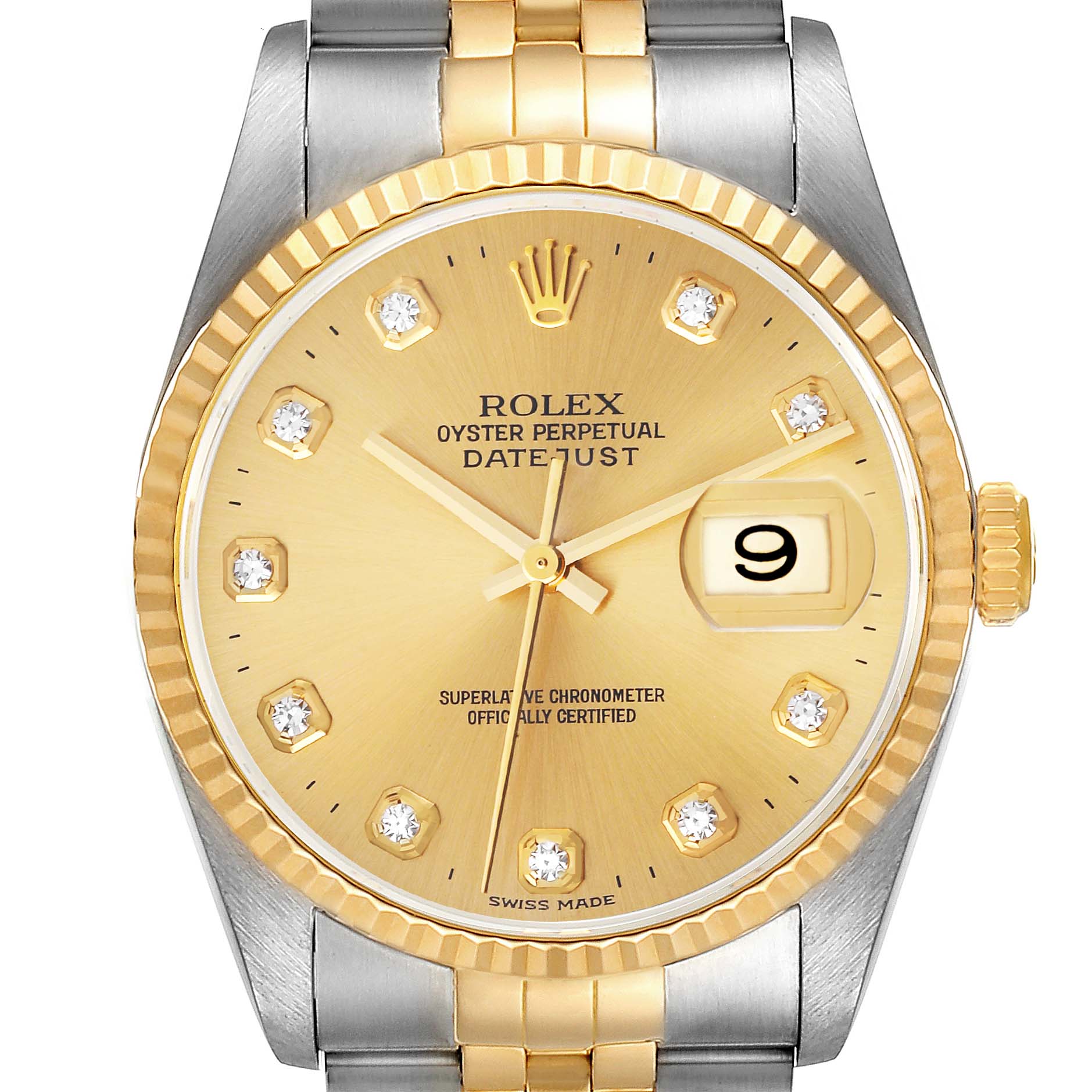 The image shows a front view of a Rolex Datejust 16233 Men's Steel and Gold (two tone) Champagne Dial 16233 Men's Steel and Gold (two tone) Champagne Dial watch, highlighting its gold dial, diamond hour markers, fluted bezel, and two-tone bracelet.
