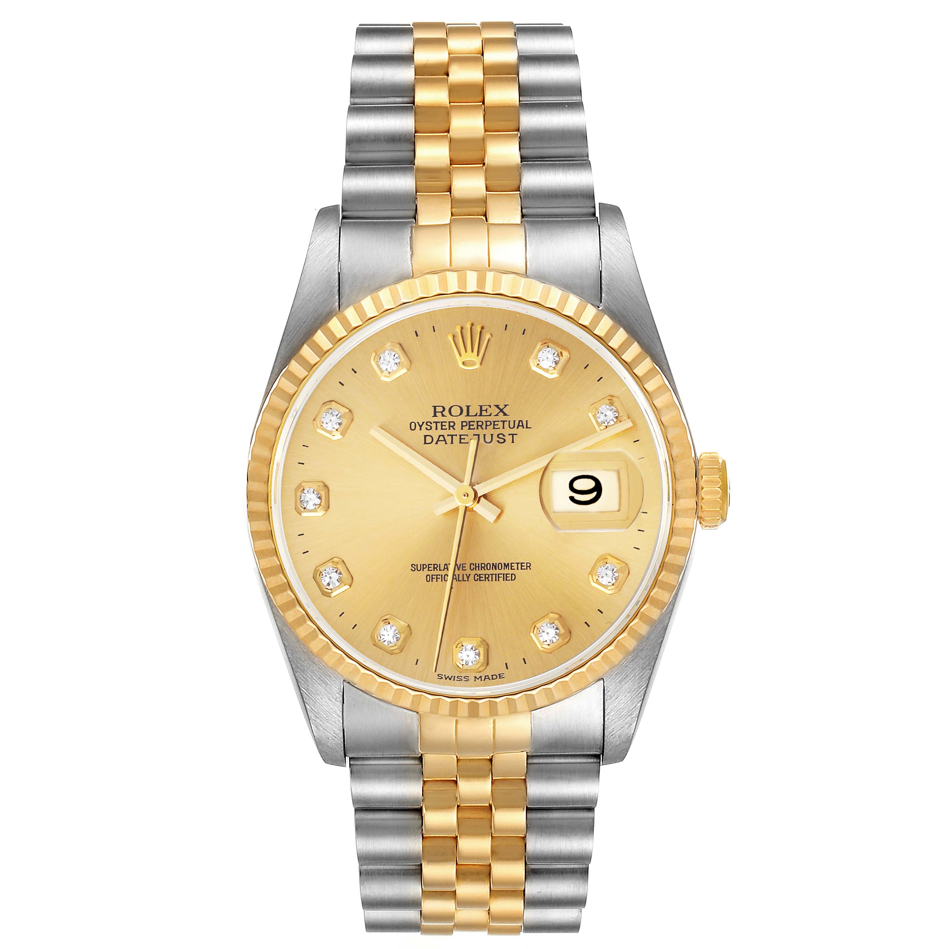 The image shows a front view of a Rolex Datejust 16233 Men's Steel and Gold (two tone) Champagne Dial 16233 Men's Steel and Gold (two tone) Champagne Dial watch featuring a two-tone bracelet and a gold dial with diamond markers.