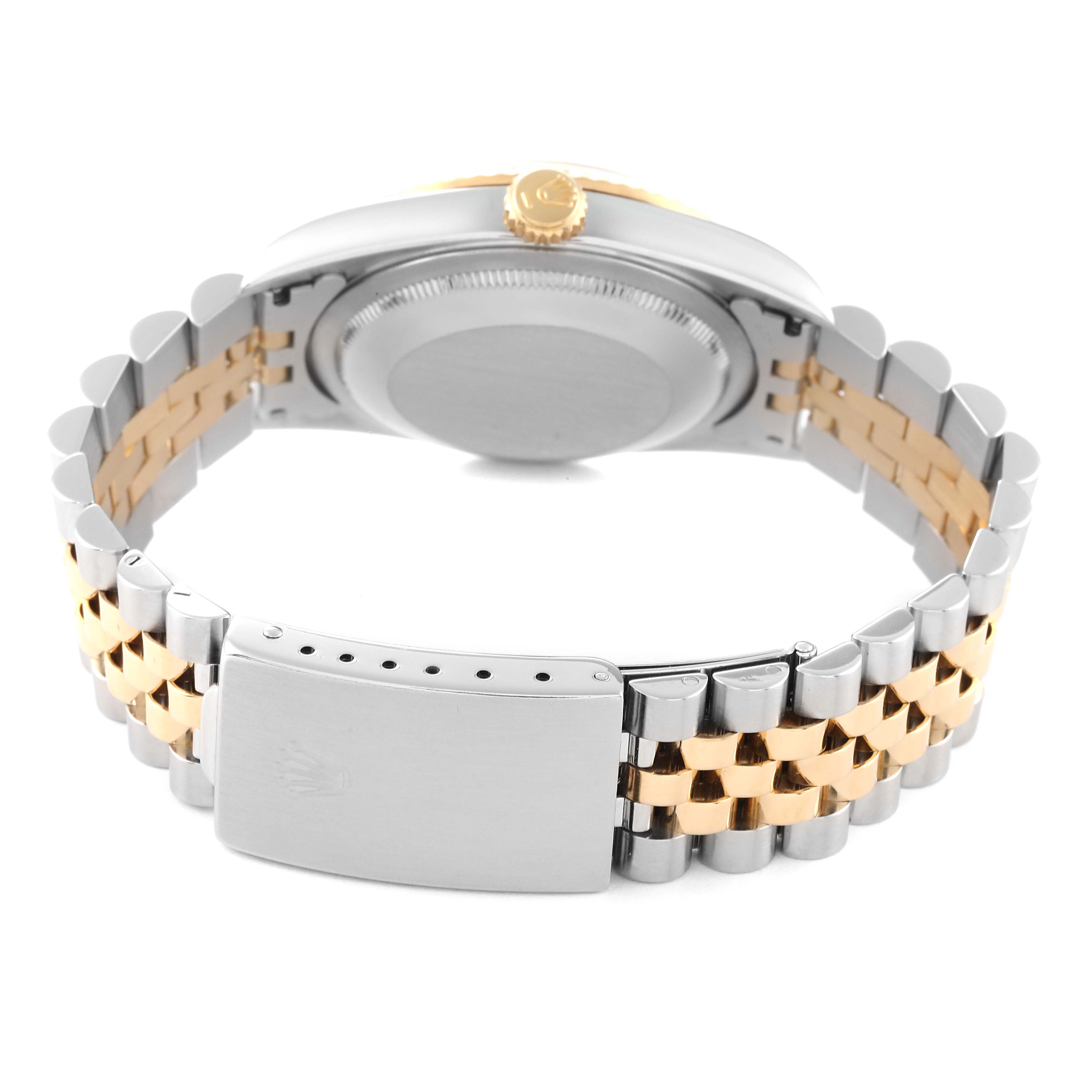 This image shows the back and side view of a Rolex Datejust 16233 Men's Steel and Gold (two tone) Champagne Dial 16233 Men's Steel and Gold (two tone) Champagne Dial watch, highlighting the caseback, crown, and two-tone jubilee bracelet.