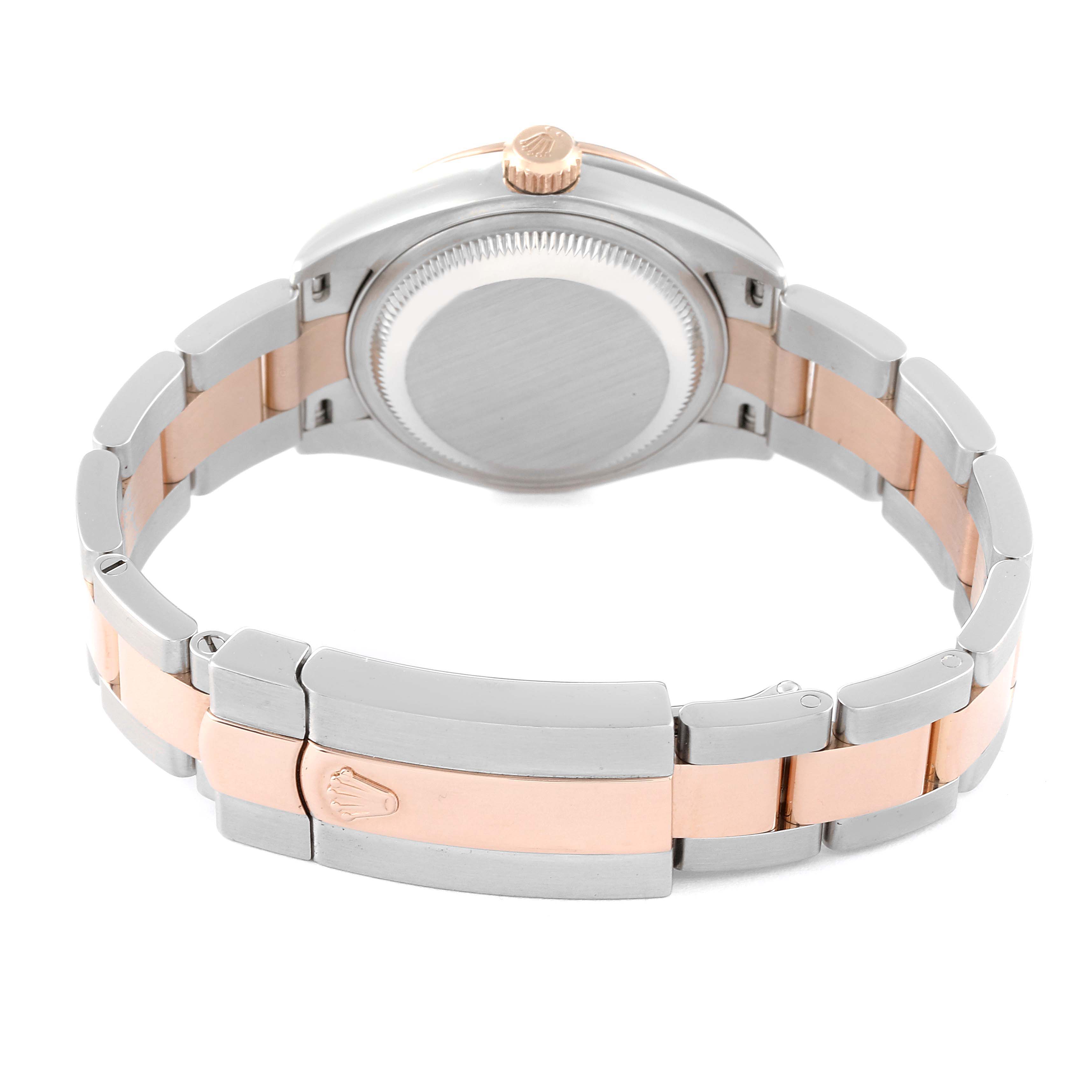 The image shows the back side of a Rolex Datejust 279381 Women's Steel and Gold (two tone) Pink Dial 279381 Women's Steel and Gold (two tone) Pink Dial model, highlighting its case back, crown, and two-tone bracelet with clasp.