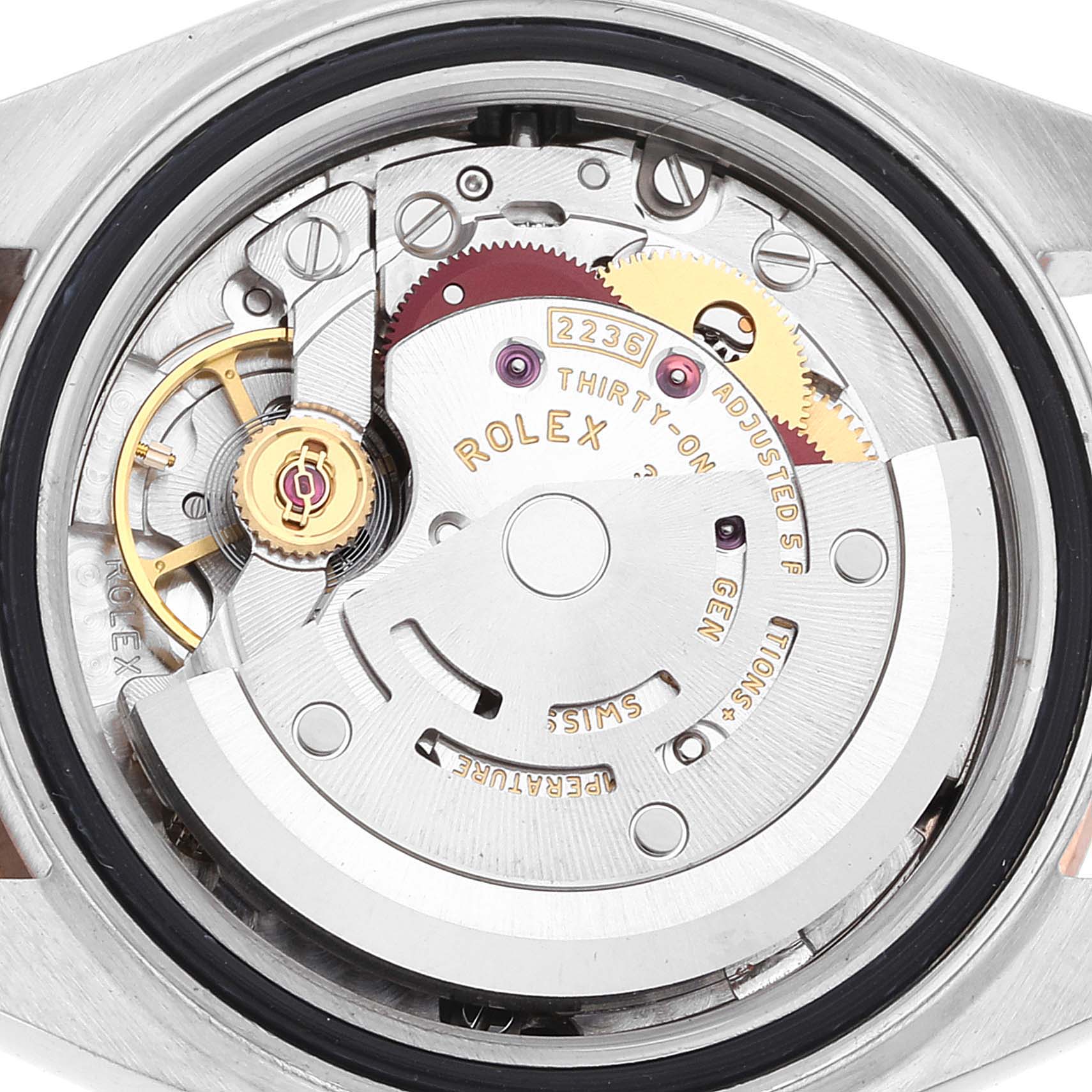 This image shows a close-up view of the movement and inner mechanism of the Rolex Datejust 279381 Women's Steel and Gold (two tone) Pink Dial 279381 Women's Steel and Gold (two tone) Pink Dial watch.