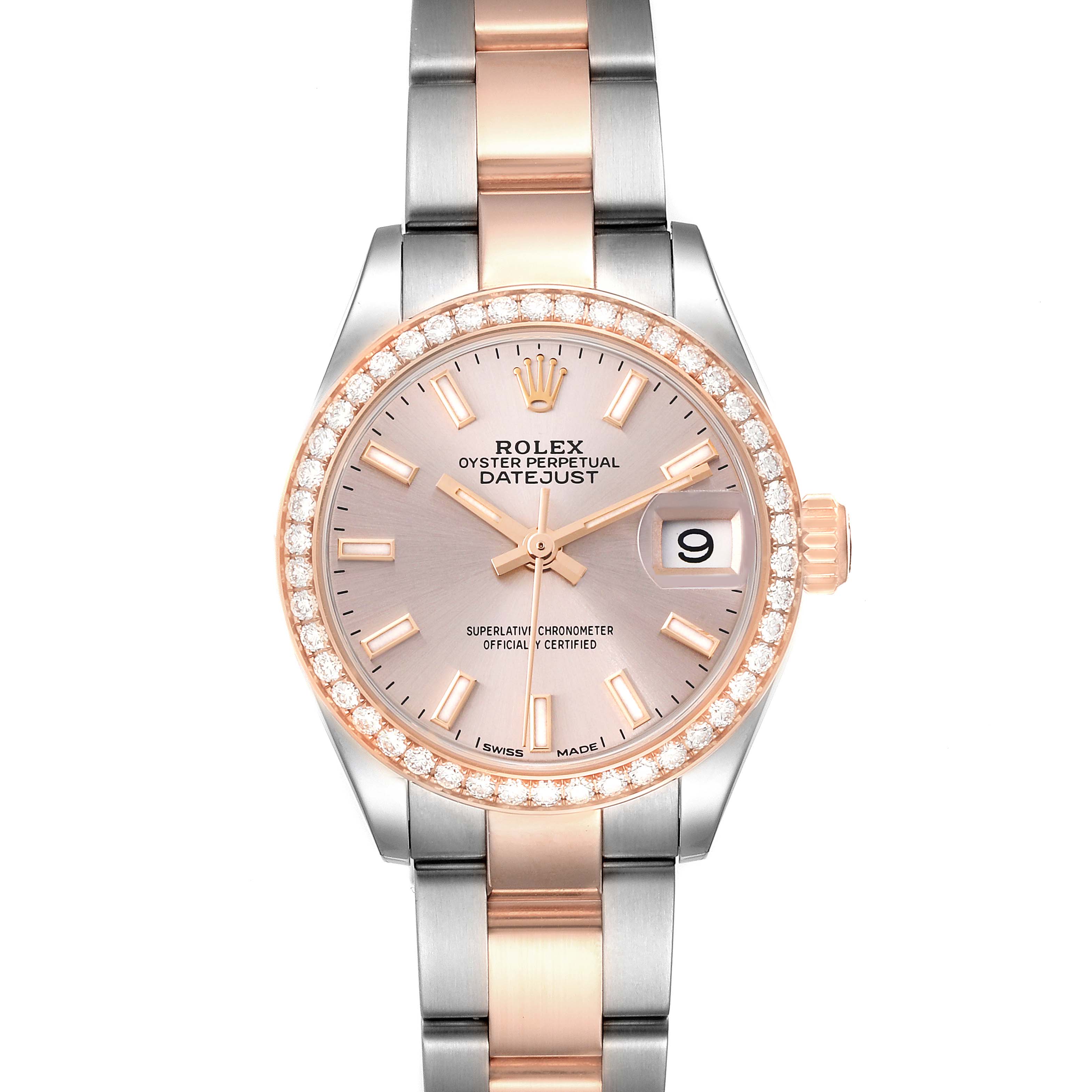 The image shows a Rolex Datejust 279381 Women's Steel and Gold (two tone) Pink Dial 279381 Women's Steel and Gold (two tone) Pink Dial watch from the front, highlighting the face, bezel, and bracelet.
