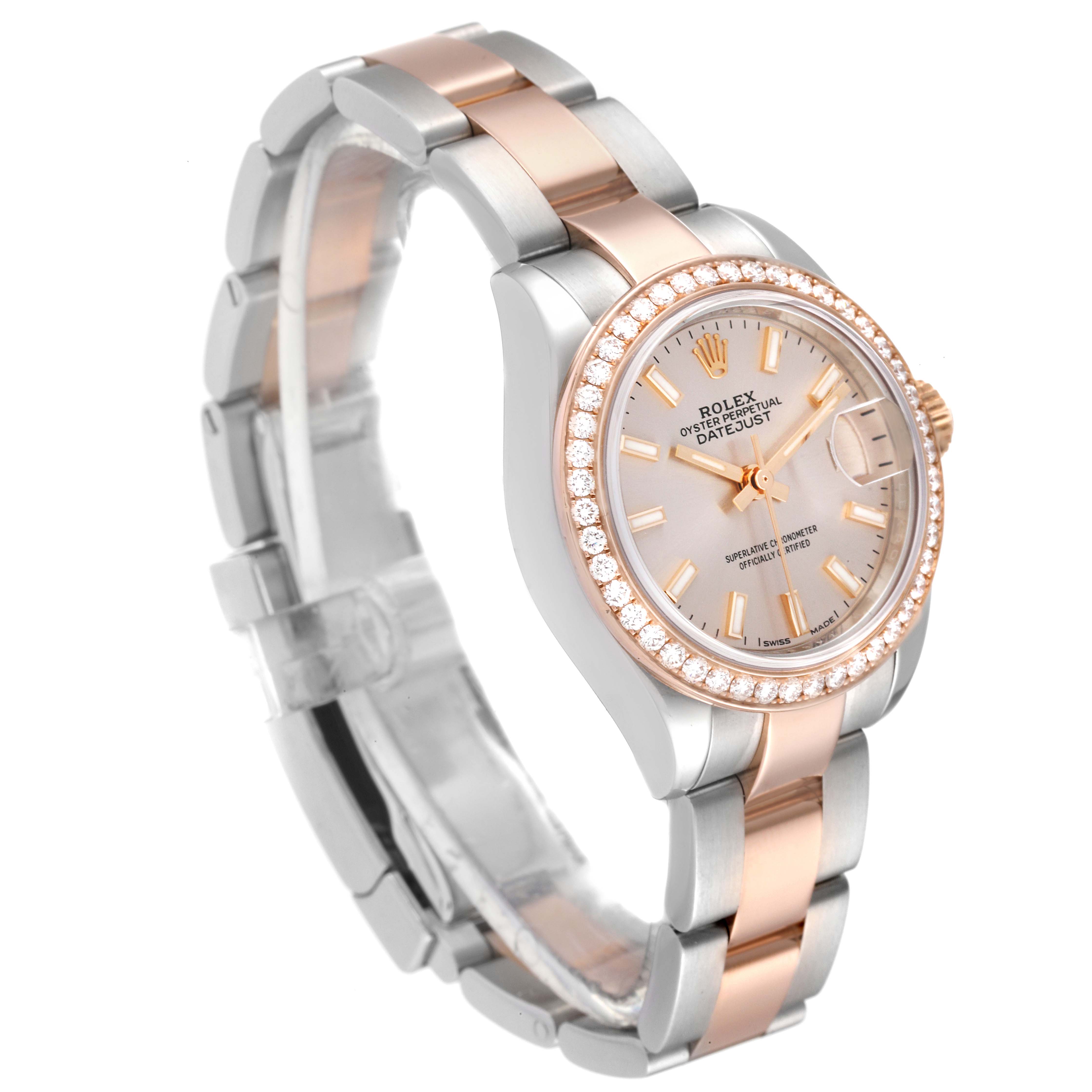 The image shows a Rolex Datejust 279381 Women's Steel and Gold (two tone) Pink Dial 279381 Women's Steel and Gold (two tone) Pink Dial watch at a three-quarter angle, featuring the watch face, bezel, and part of the bracelet.