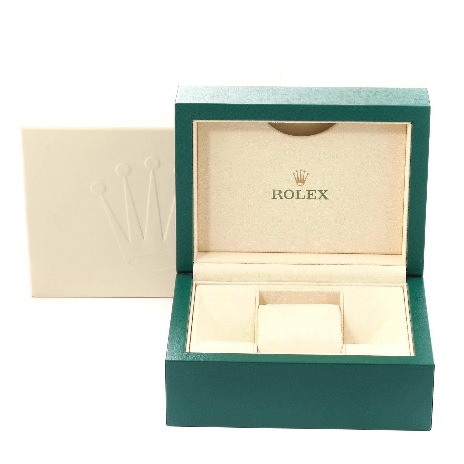 The image shows an open green and beige Rolex box for a Datejust model, with the Rolex logo inside.