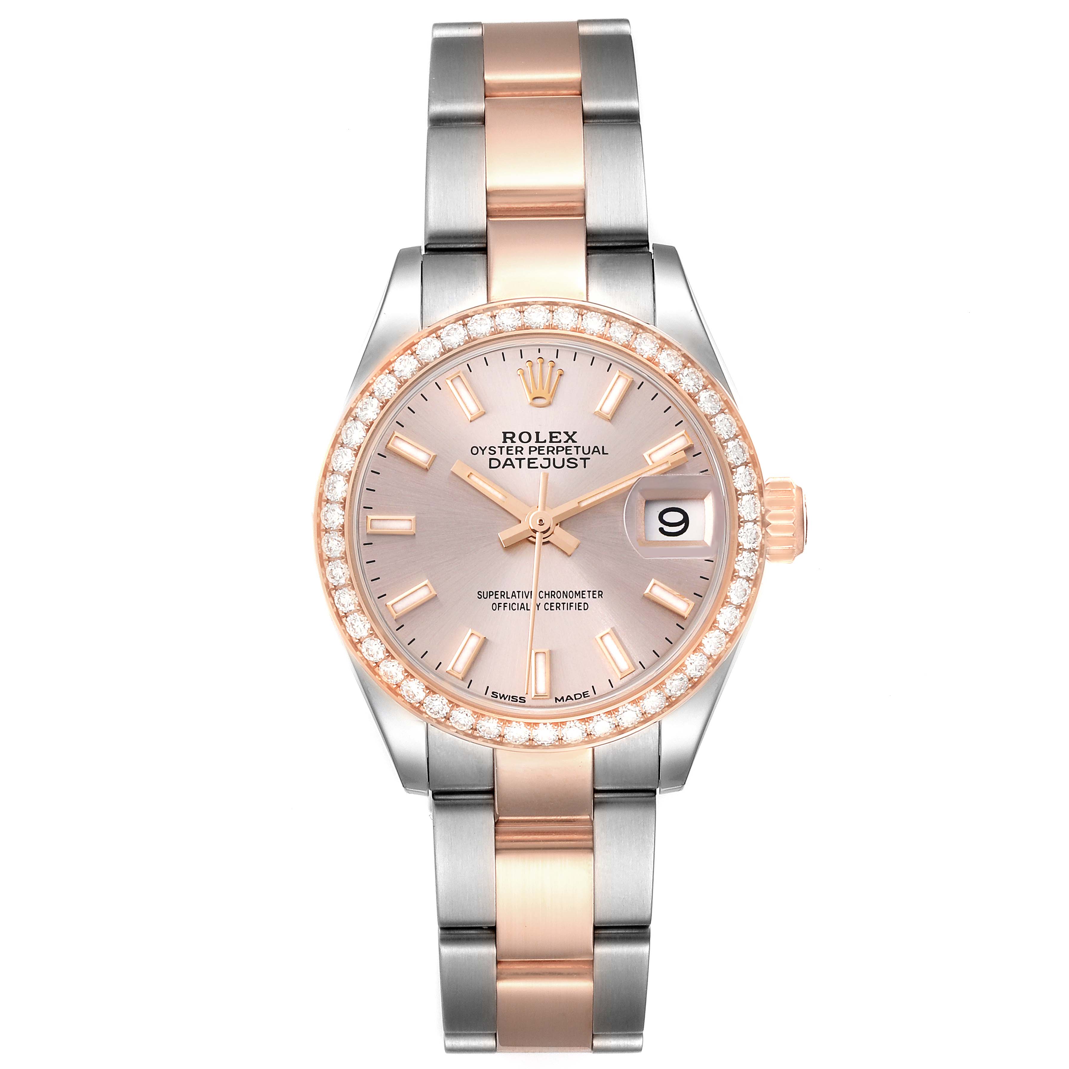 This image shows a front view of a Rolex Datejust 279381 Women's Steel and Gold (two tone) Pink Dial 279381 Women's Steel and Gold (two tone) Pink Dial watch, displaying the face, bezel, and two-tone bracelet.