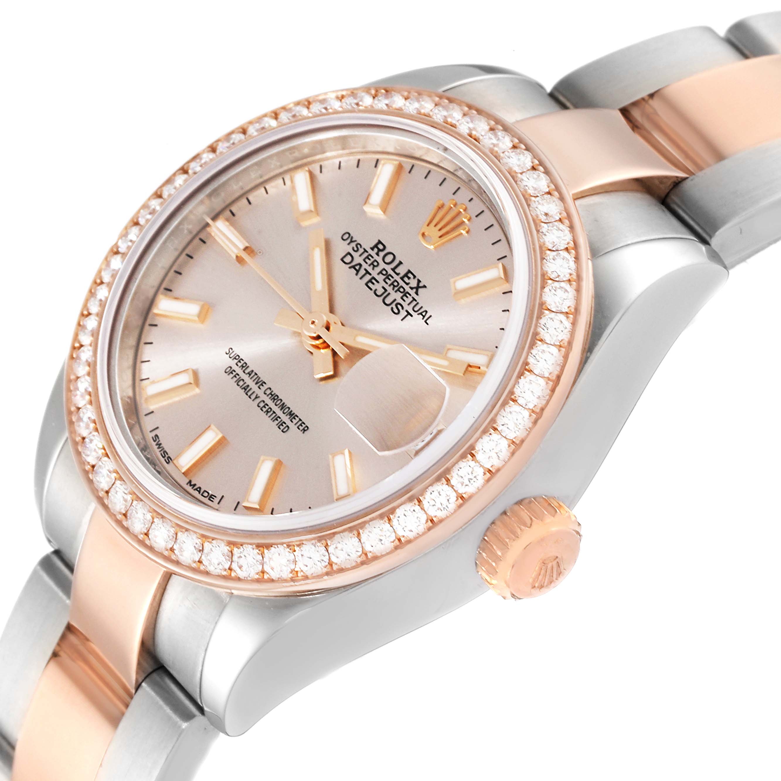 The image shows a close-up of the Rolex Datejust 279381 Women's Steel and Gold (two tone) Pink Dial 279381 Women's Steel and Gold (two tone) Pink Dial watch, highlighting its face, bezel, crown, and part of the bracelet.