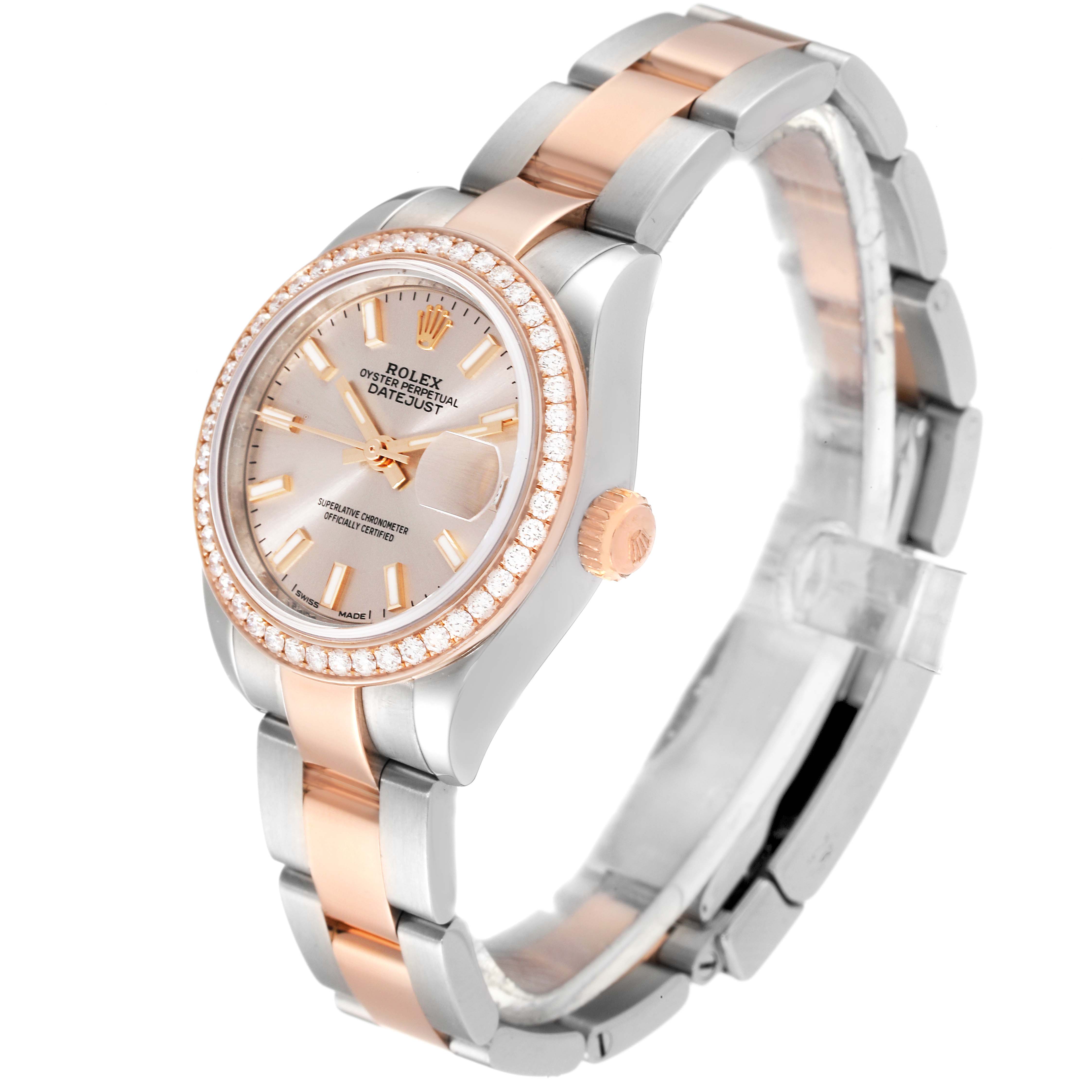 This image shows a side angle of the Rolex Datejust 279381 Women's Steel and Gold (two tone) Pink Dial 279381 Women's Steel and Gold (two tone) Pink Dial watch, highlighting its dial, bracelet, and crown.