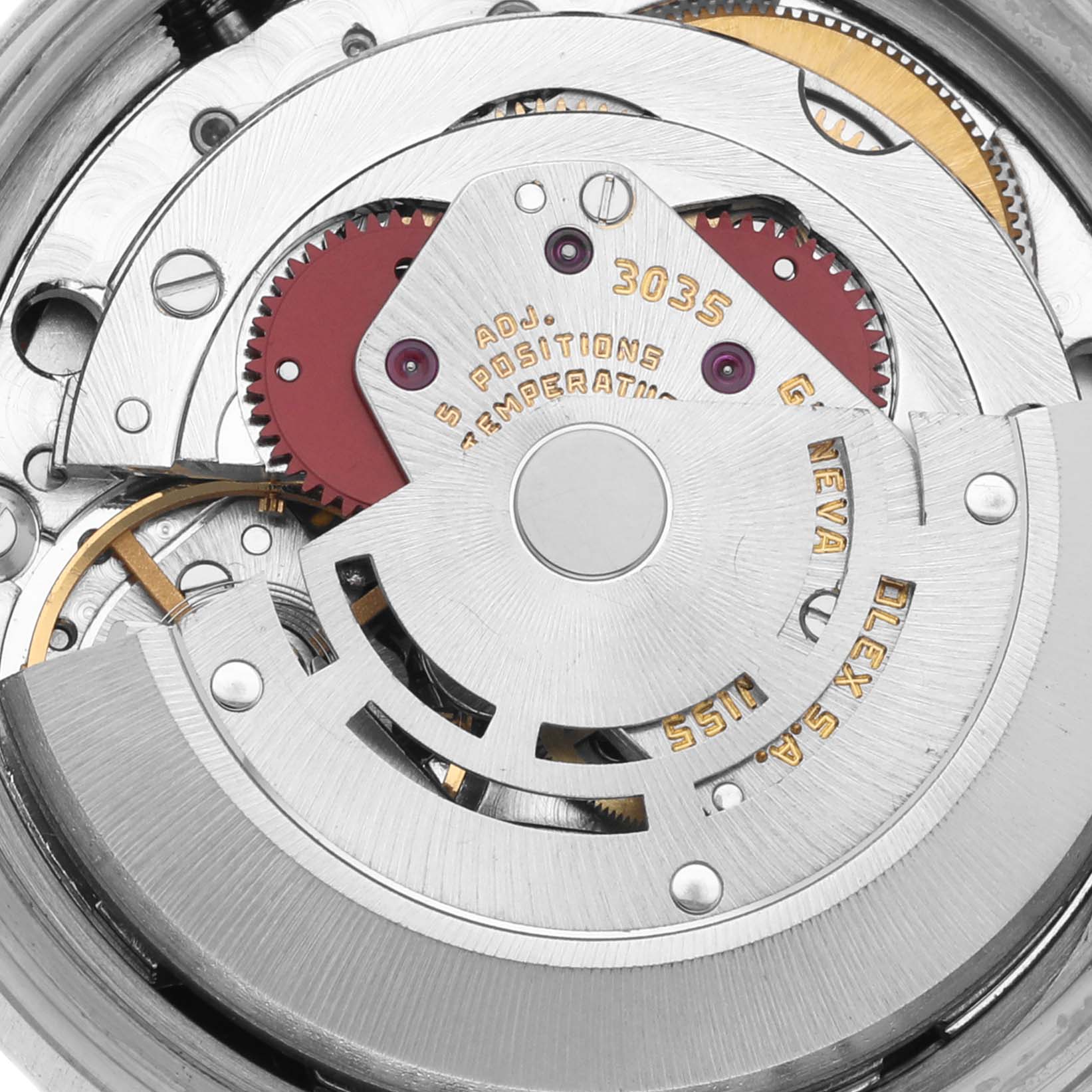 The image shows a detailed close-up of the Rolex Datejust 16014 Men
s Stainless Steel Silver Dial 16014 Men
s Stainless Steel Silver Dial movement, highlighting gears and the rotor.