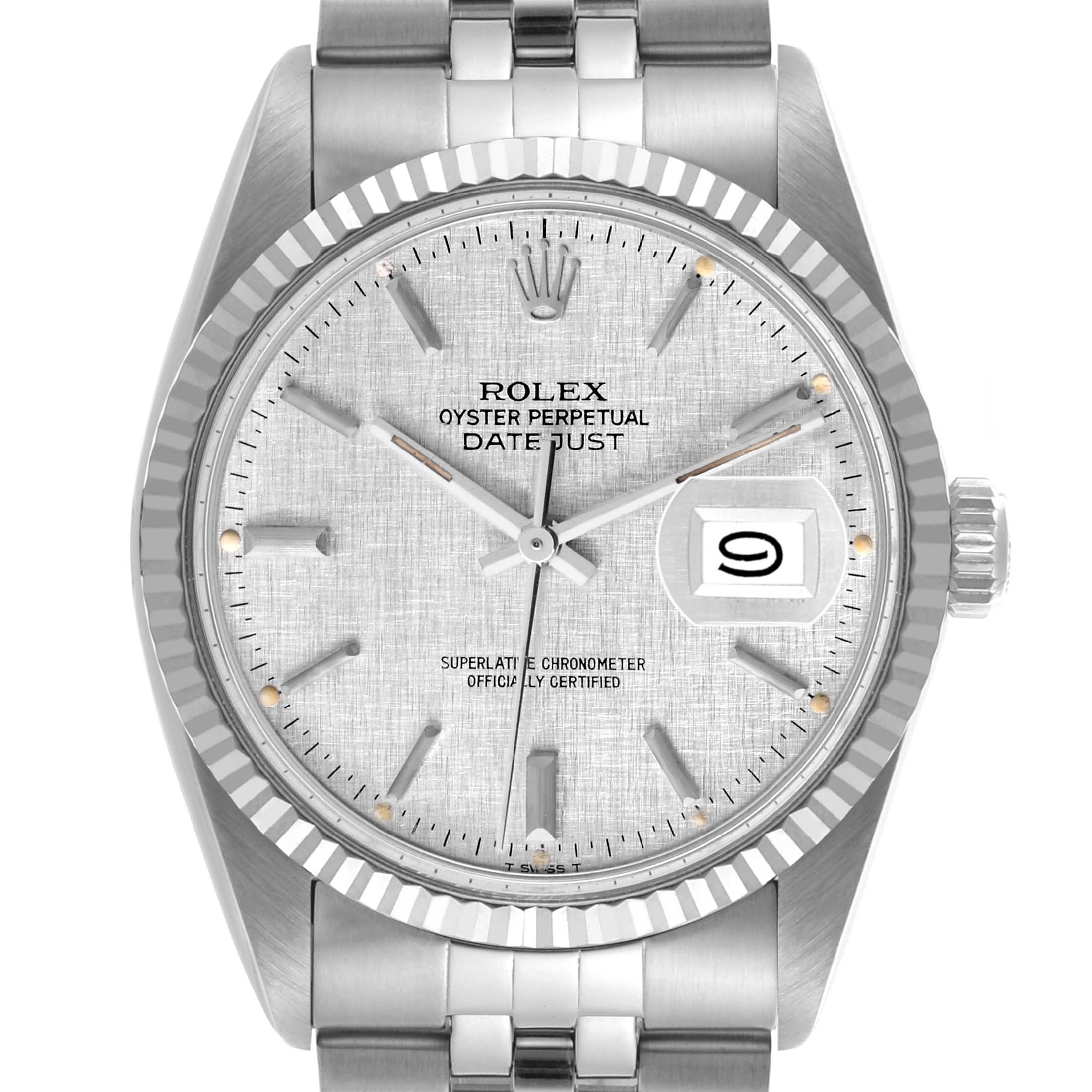 The Rolex Datejust 16014 Men
s Stainless Steel Silver Dial 16014 Men
s Stainless Steel Silver Dial is shown from a frontal angle, highlighting the dial, fluted bezel, and bracelet.