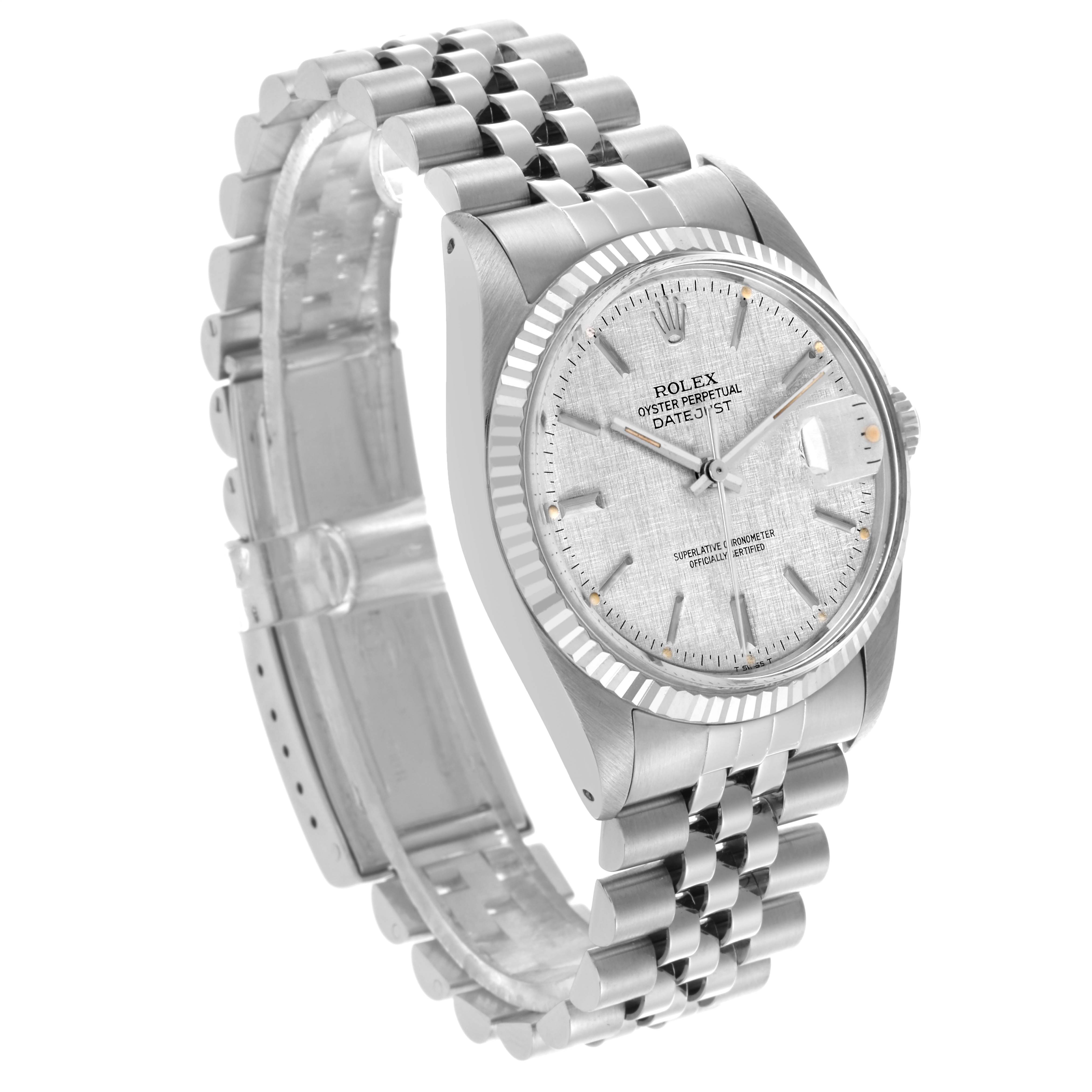 The Rolex Datejust 16014 Men
s Stainless Steel Silver Dial 16014 Men
s Stainless Steel Silver Dial watch is shown at a three-quarter angle, highlighting the dial, bezel, case, and bracelet.