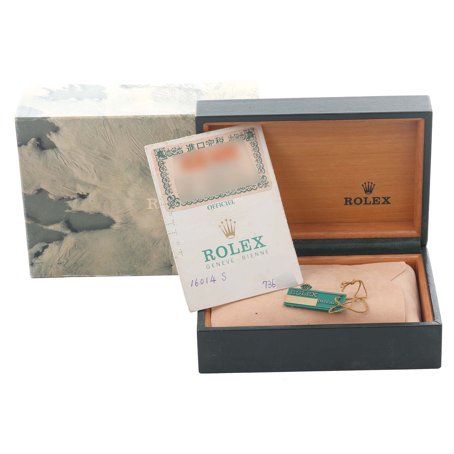 The image shows a Rolex Datejust 16014 Men
s Stainless Steel Silver Dial 16014 Men
s Stainless Steel Silver Dial watch box, an Best Quality
ity card, and a green Rolex tag inside the open box.