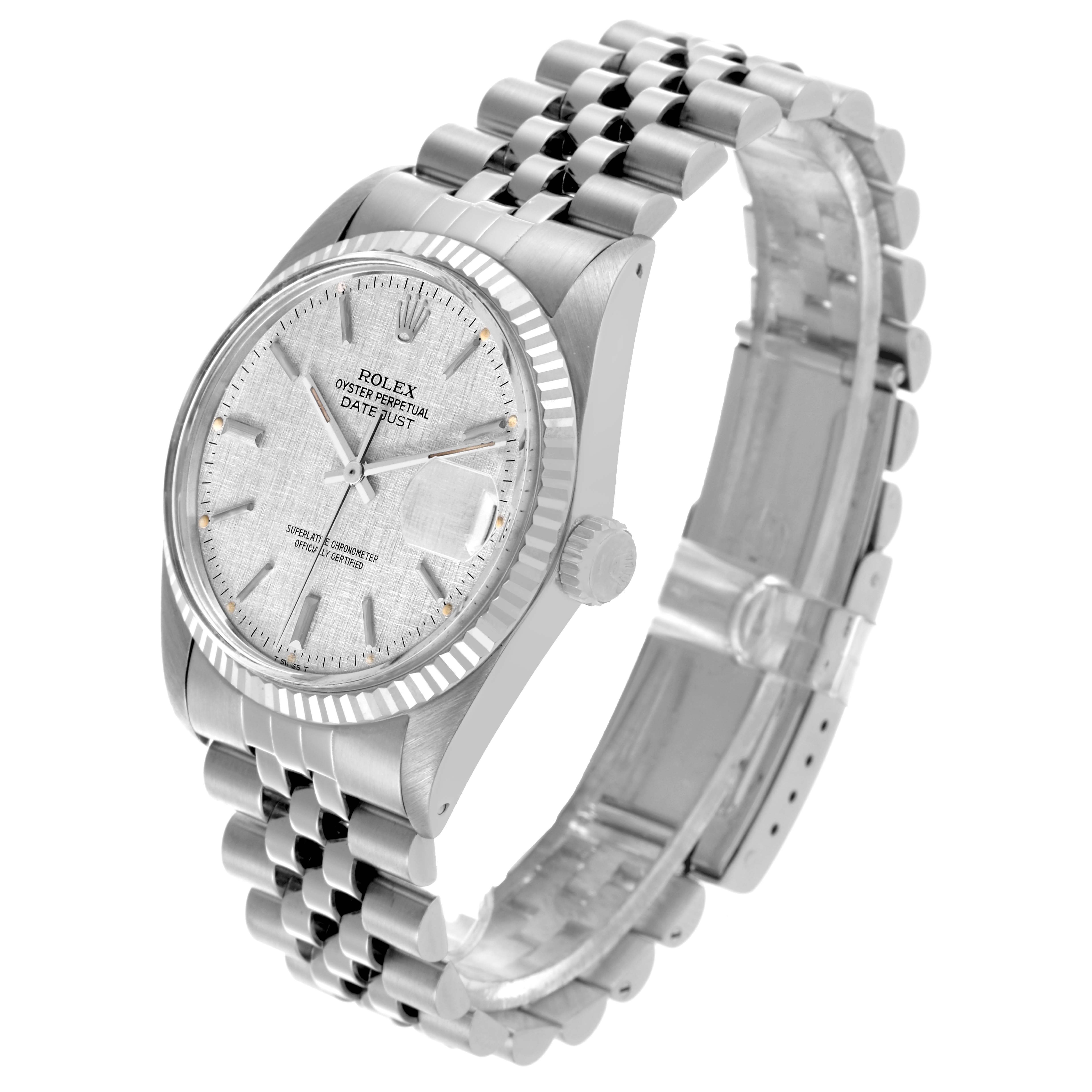 The Rolex Datejust 16014 Men
s Stainless Steel Silver Dial 16014 Men
s Stainless Steel Silver Dial watch is shown at an angled side view, featuring the case, bracelet, crown, and dial.