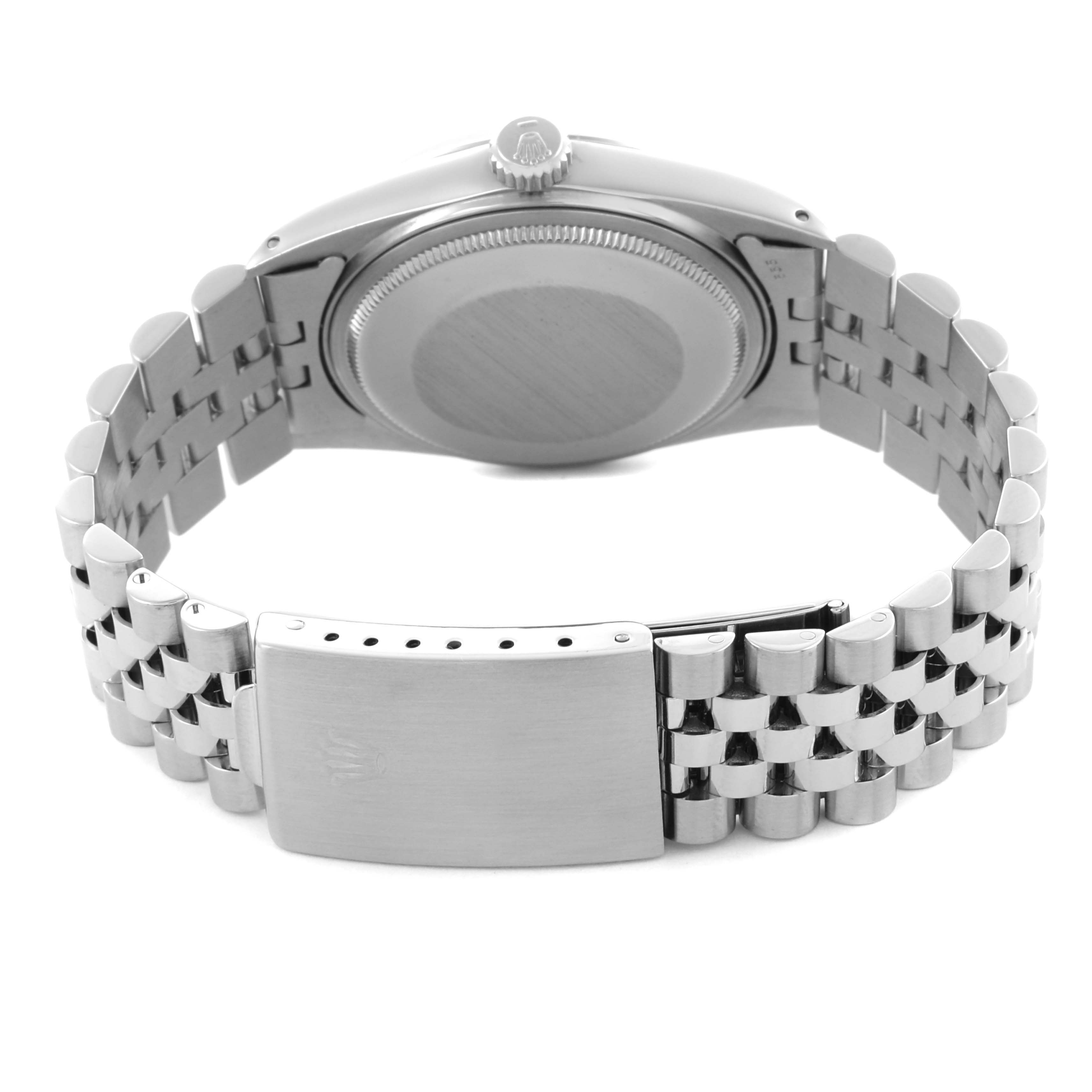 The image shows a Rolex Datejust 16014 Men
s Stainless Steel Silver Dial 16014 Men
s Stainless Steel Silver Dial model from the back, highlighting the clasp, bracelet, and case back.