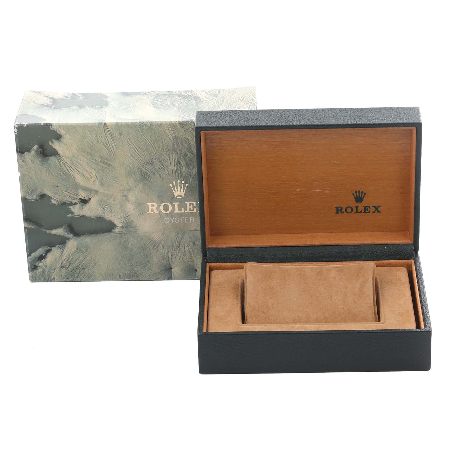 The image shows a Rolex Vintage Collection 16014 Men
s Stainless Steel Silver Dial 16014 Men
s Stainless Steel Silver Dial watch box and an outer sleeve, both at a frontal angle.