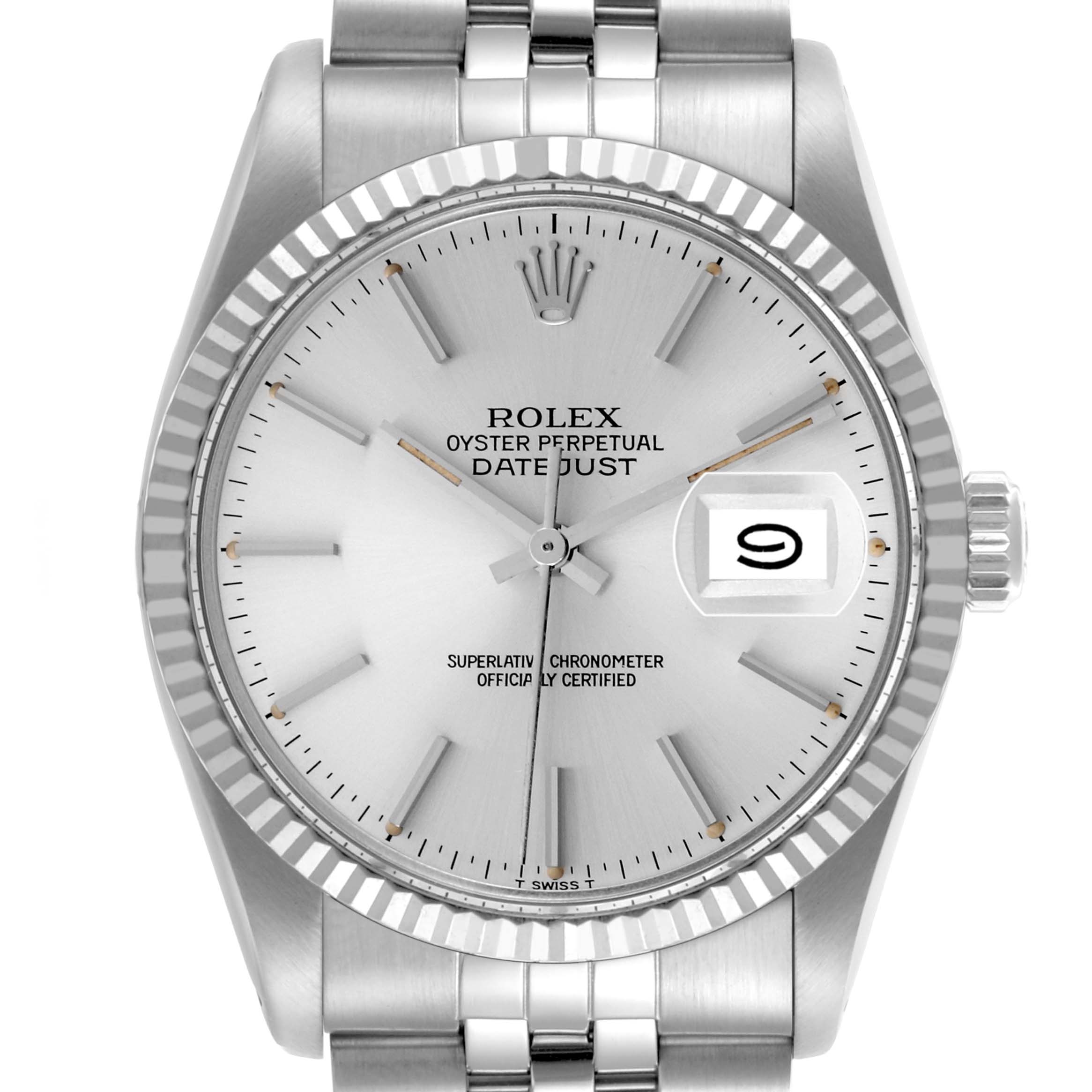 The Rolex Vintage Collection 16014 Men
s Stainless Steel Silver Dial 16014 Men
s Stainless Steel Silver Dial watch is shown front-facing, displaying the dial, bezel, crown, and part of the bracelet.