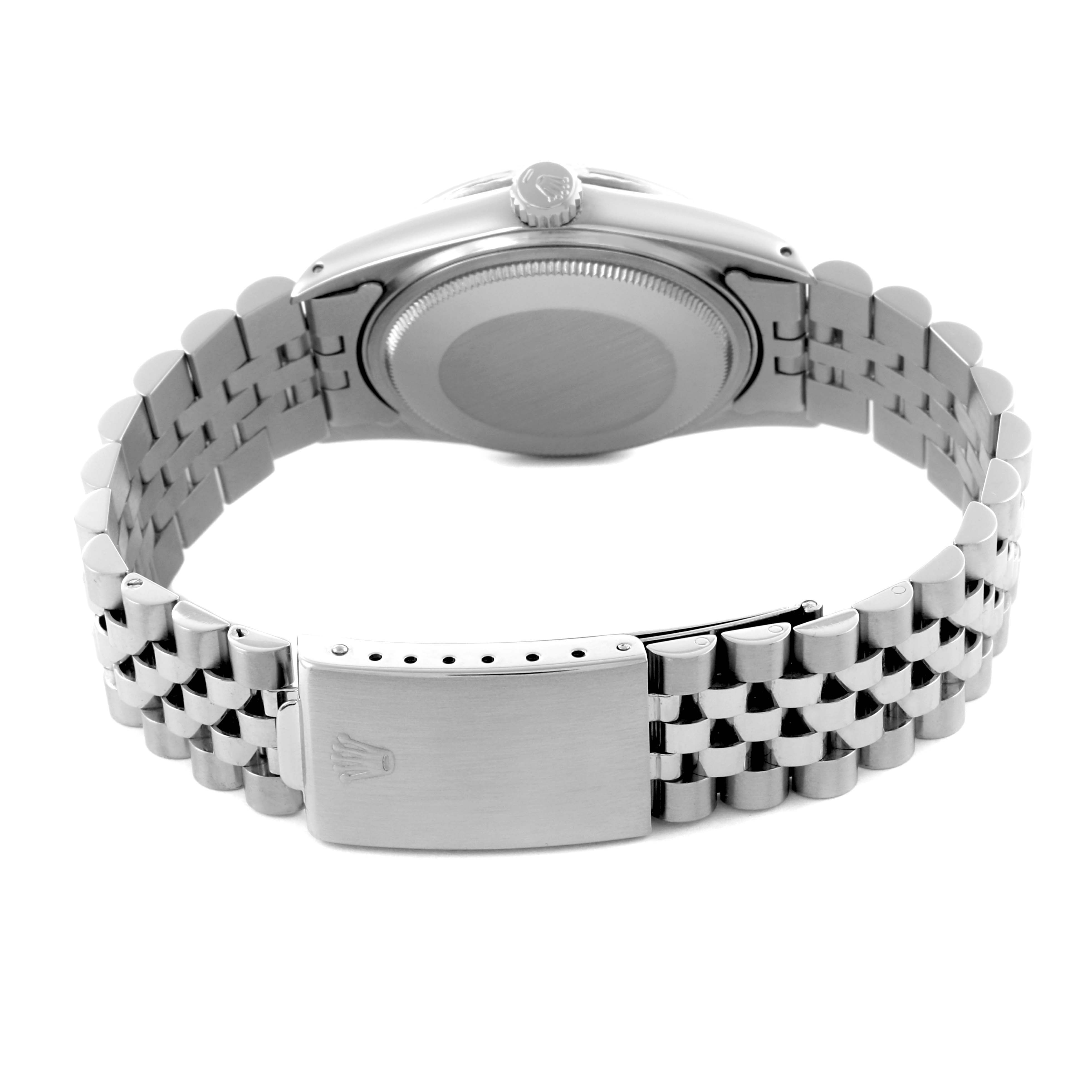 The Rolex Vintage Collection 16014 Men
s Stainless Steel Silver Dial 16014 Men
s Stainless Steel Silver Dial watch is shown from the back, highlighting the clasp, case back, and bracelet.