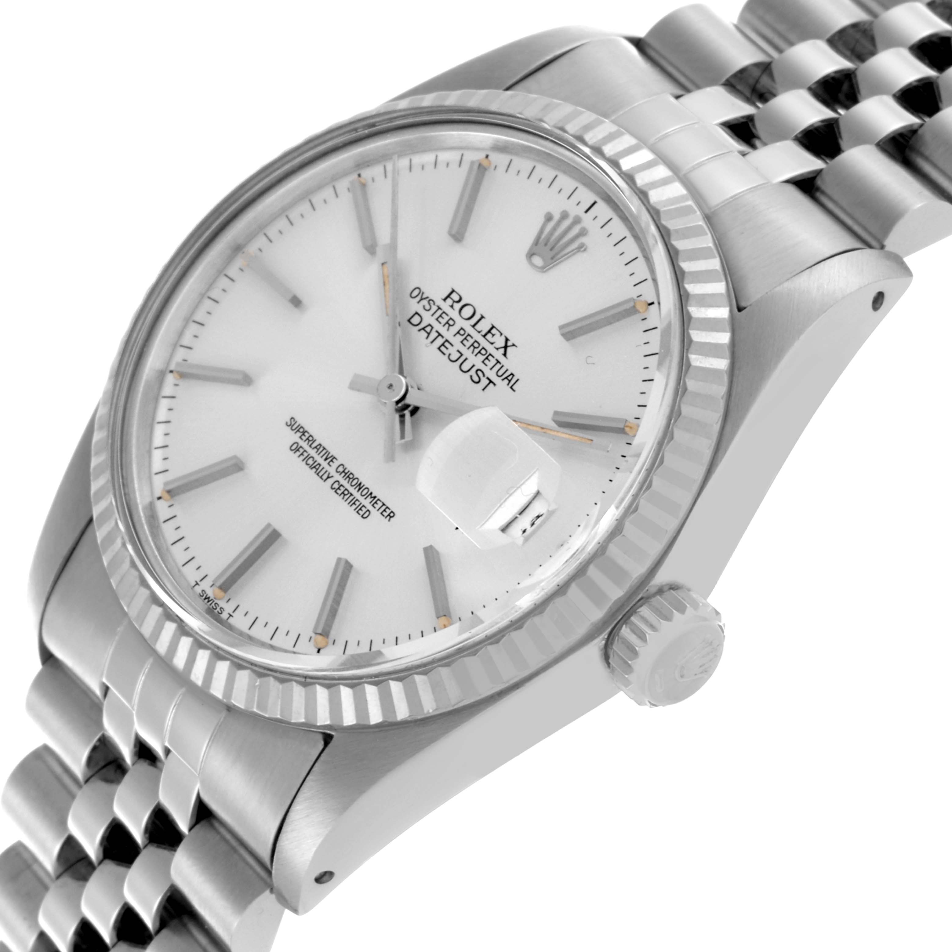 The image shows a Rolex Vintage Collection 16014 Men
s Stainless Steel Silver Dial 16014 Men
s Stainless Steel Silver Dial model Datejust at an angled view, highlighting the dial, bezel, and bracelet.