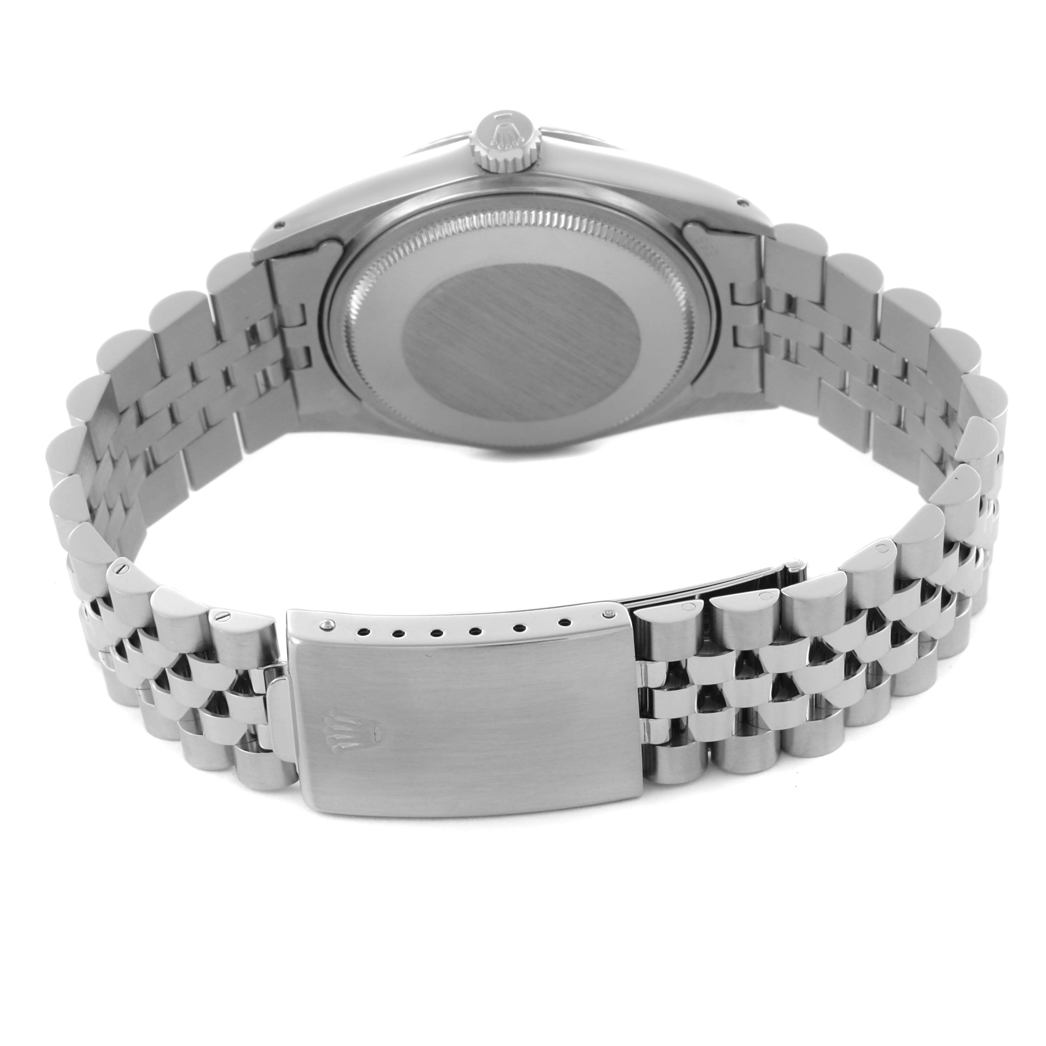 The Rolex Vintage Collection 16014 Men
s Stainless Steel Silver Dial 16014 Men
s Stainless Steel Silver Dial watch is shown from the back, featuring the case, bracelet, and clasp.