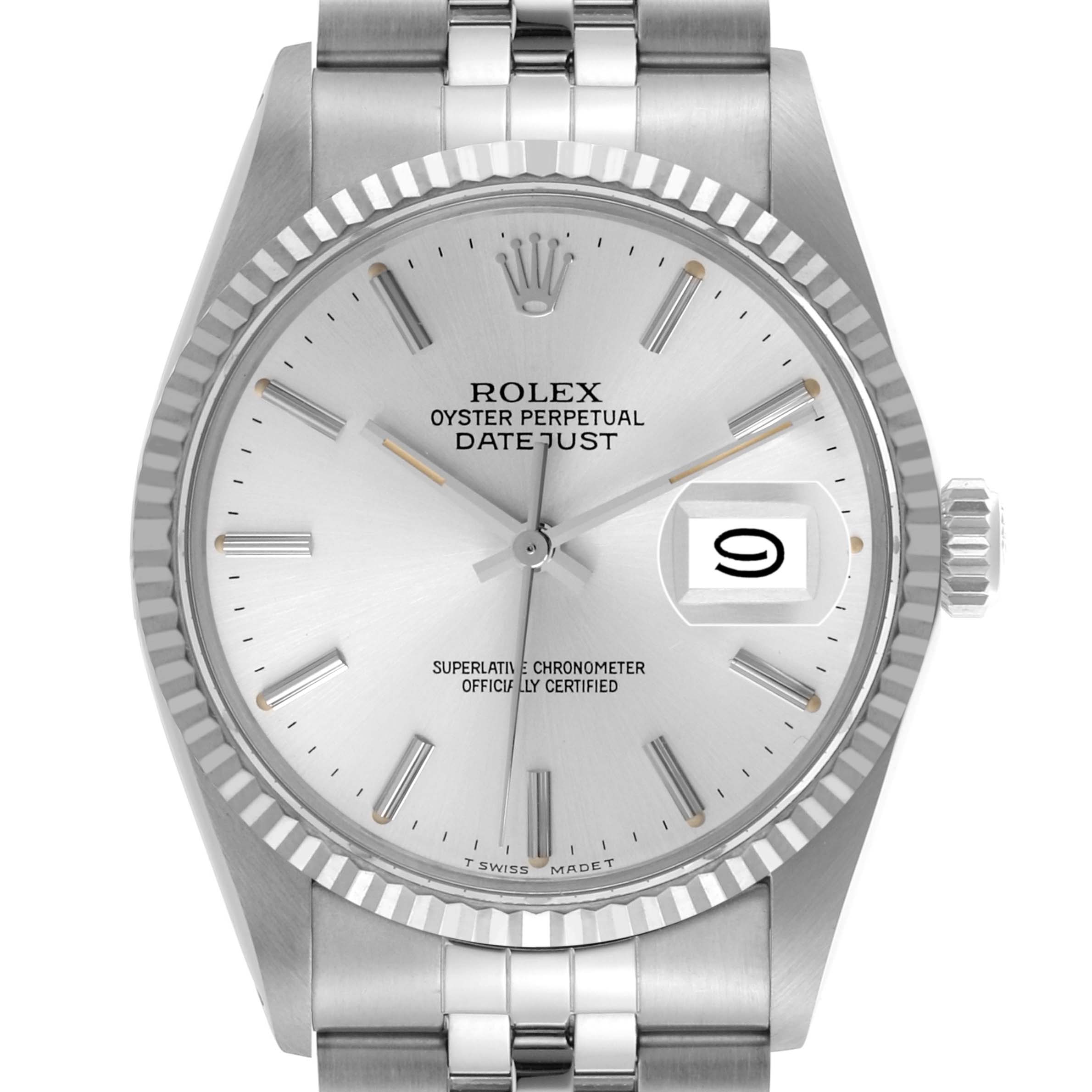 The Rolex Vintage Collection 16014 Men
s Stainless Steel Silver Dial 16014 Men
s Stainless Steel Silver Dial watch is shown from a front angle, displaying its face, bezel, crown, and part of the bracelet.