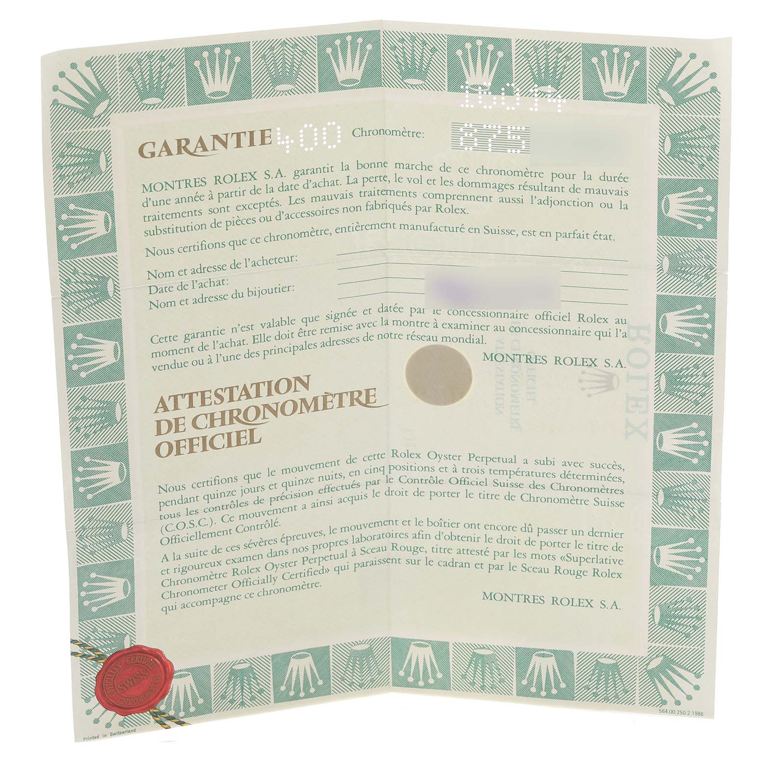 The image shows a warranty certificate for a Rolex Vintage Collection 16014 Men
s Stainless Steel Silver Dial 16014 Men
s Stainless Steel Silver Dial watch, with Rolex logos and text in French.