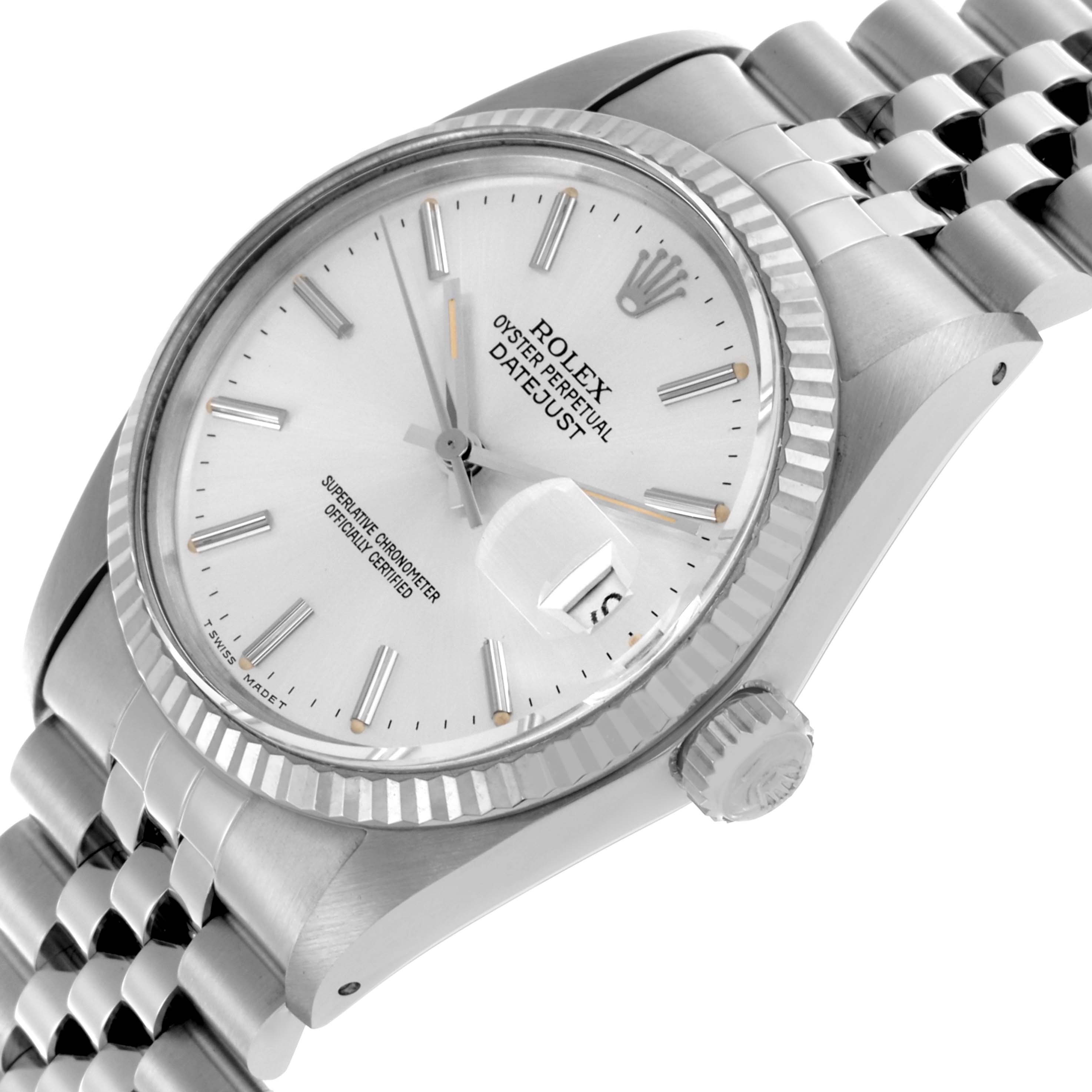The Rolex Vintage Collection 16014 Men
s Stainless Steel Silver Dial 16014 Men
s Stainless Steel Silver Dial watch is shown at an angled view, highlighting the dial, fluted bezel, crown, and jubilee bracelet.